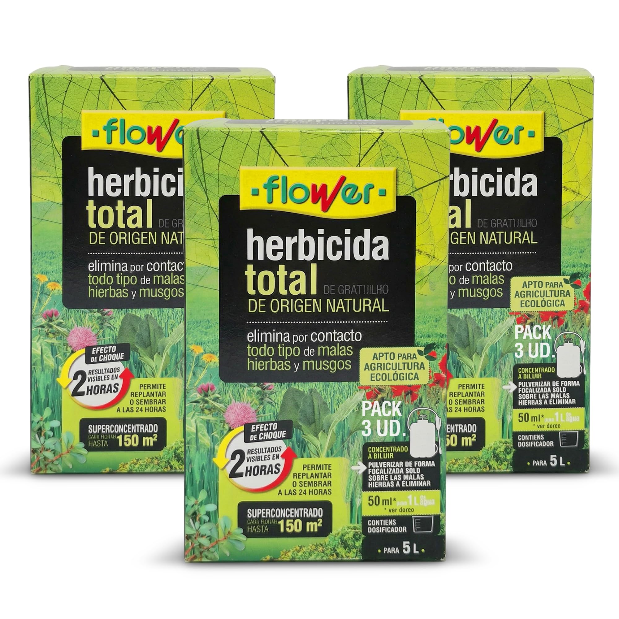FLOWER x3 Herbicida Total Ecológico Origen Natural 450 m² | Elimina Malas Hierbas y Musgos | Alternativa Glifosato | Resultados 2 Horas | 750ml + Dosificador Diluir 15L Agua | Súper Concentrado