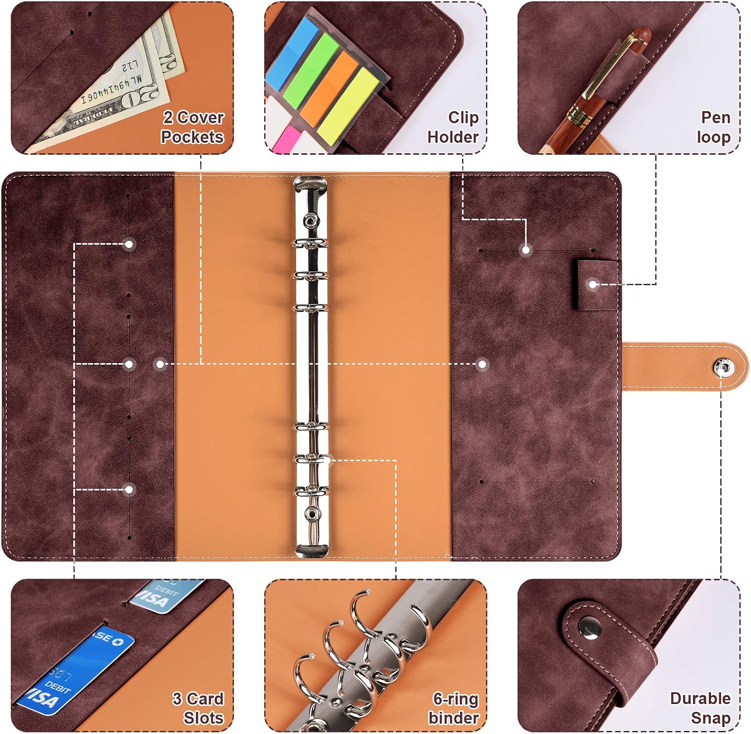 A5 Leather Binder Cover with Plastic Pockets, 6 Ring Soft Refillable Notebook Binder, 12 Colored Clear Zipper Envelopes for Budget, Scrapbook, Dies, Knitting Needle and Planner Accessories