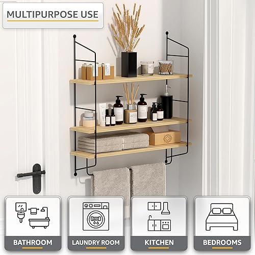 Miniatura 4 de Sorbus Estantes flotantes de baño de 3 niveles para pared, almacenamiento de pared de madera para toallas, armario de almacenamiento sobre el