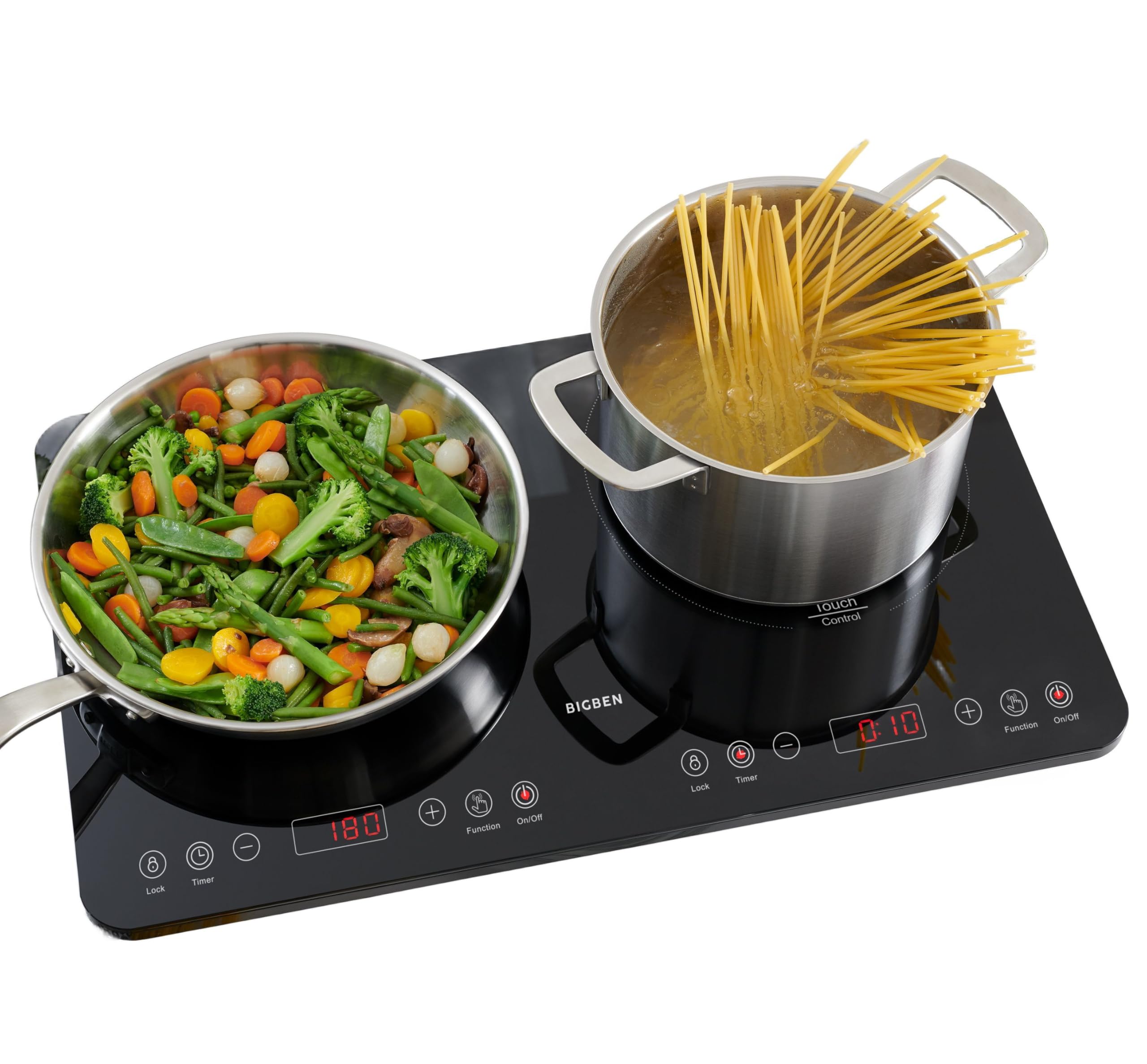 Bigben Portable Double Induction Hob, 3500 W, Cooking Table with 2 Burners, Timer, Temperature Control 60-240 °C, Ideal Daily Cooking, Study - Easy Cleaning - CKDUO2BK (Two Plates)