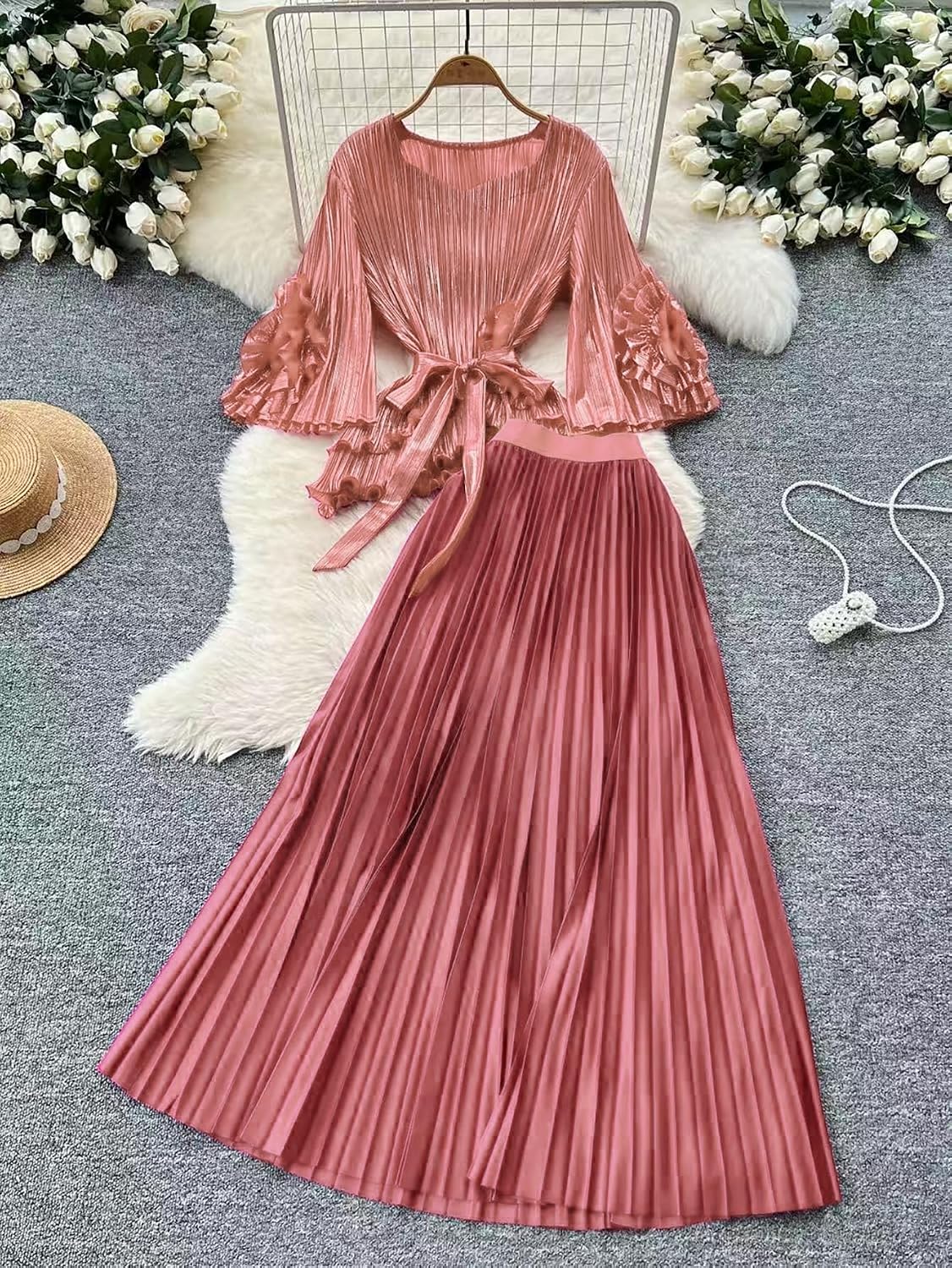 Women's 2-Piece Maxi Skirt Set, Ruffle Sleeve Top & Pleated Skirt for Formal, Party & Wedding Occasions