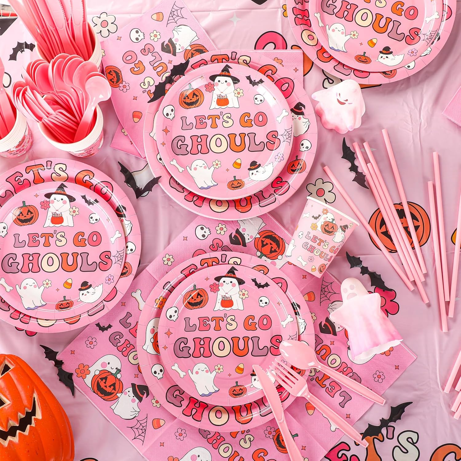 FoldTier 24 Set Halloween Party Supplies Let's Go Ghouls Pink Ghost Plates and Napkins, Plastic Tablecloth Spooky Paper Tableware for Holiday Birthday Home Table Decorations