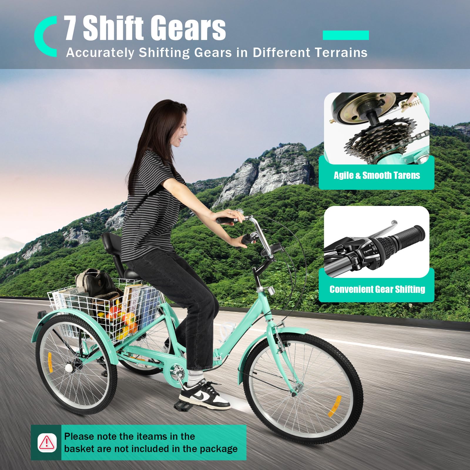 Bicicletta a triciclo da 24 pollici per adulti, 7 marce, 3 ruote pieghevole, bicicletta a tre ruote con cestino per lo shopping, ideale per tempo libero, acquisti, picnic e viaggi (Blu-verde)
