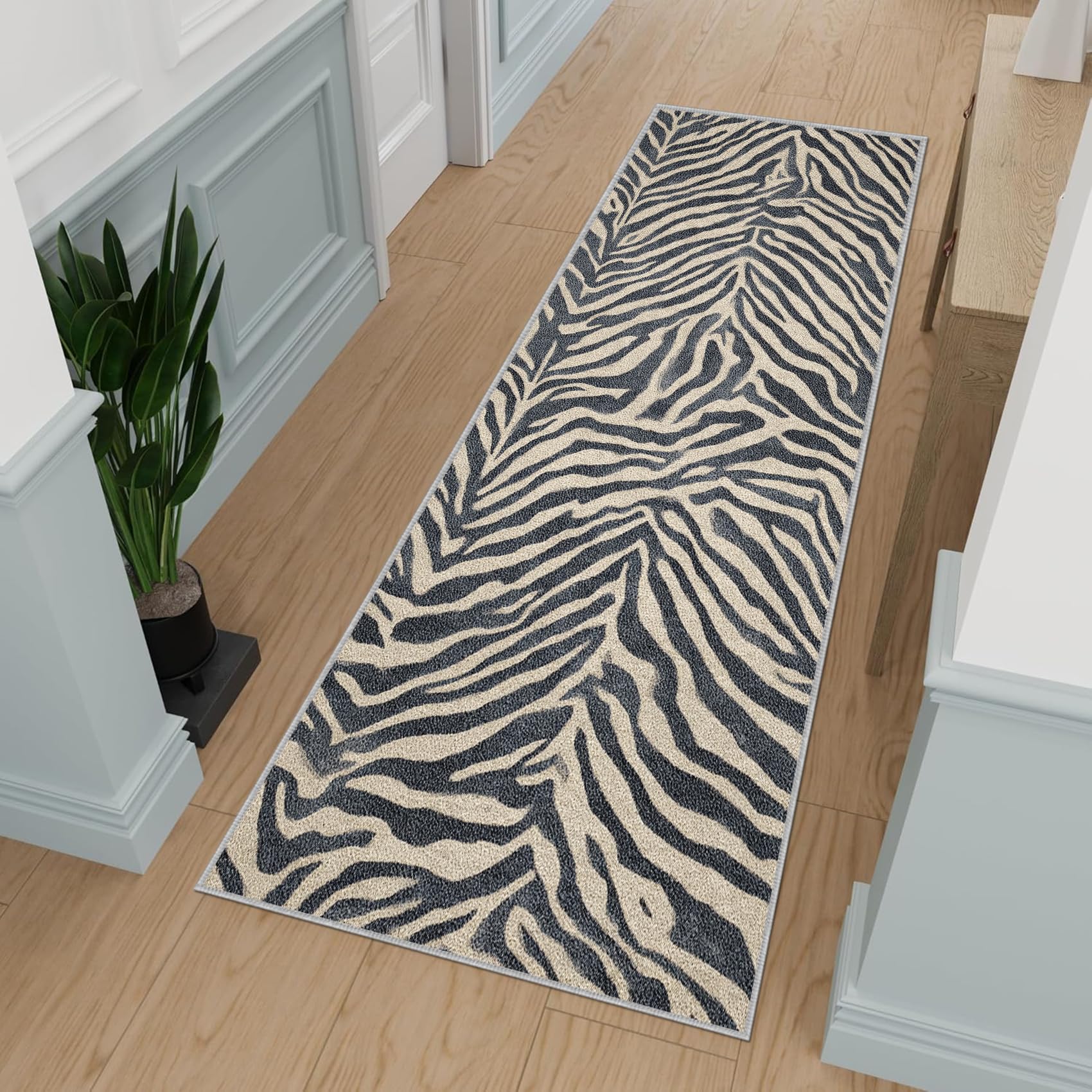 Tapis de Couloir 80 x 300 cm Zèbre Tapis Couloir Motif Animalier Rétro Passage Lavable en Machine Antidérapant Long Carpet Entrée Cuisine Chambre Salon Doux Poil Ras Rug