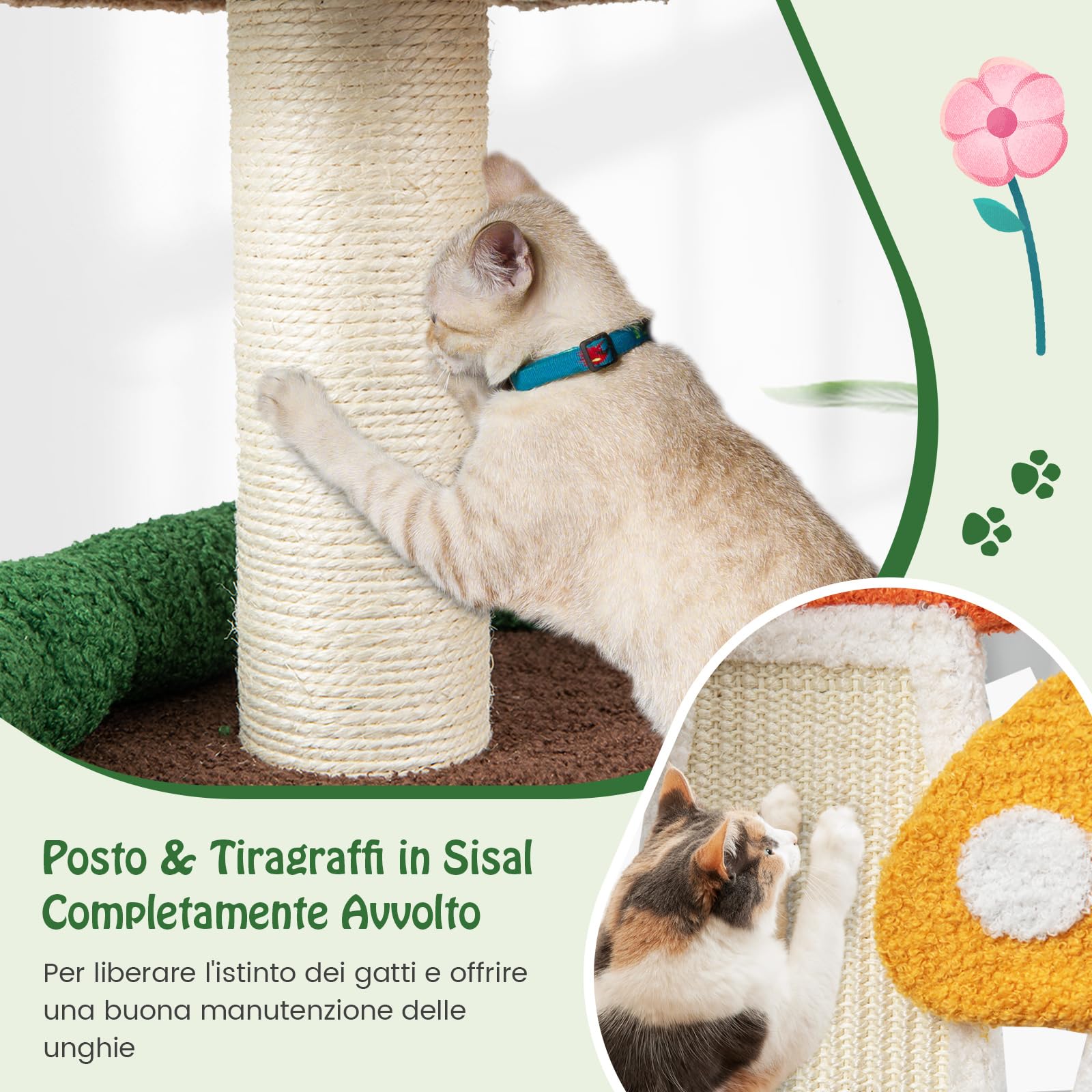 COSTWAY Albero per Gatti a Fungo 4-in-1, Torre Multi-Livello per Gatti con Condo, Piattaforma e Palla a Molla, Centro Attività per Gattini con Pali in Sisal e Tiragraffi