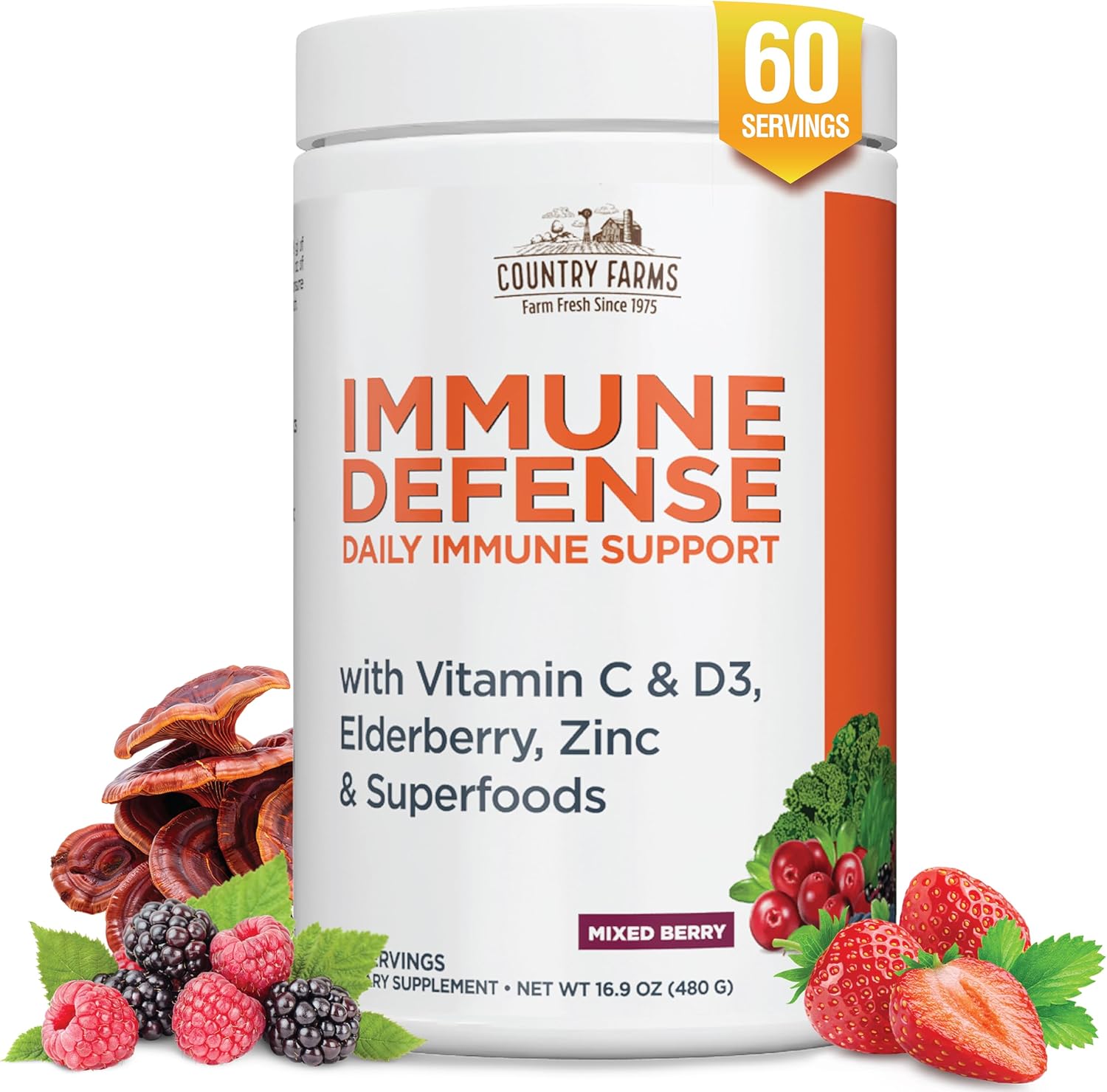 Country Farms Immune Defense Superfoods, Immune Support Supplement, Vitamin C with Black Elderberry, Echinacea, Turmeric, Supports Hydration, with Probiotics and Prebiotics, Berry Flavor, 60 Servings