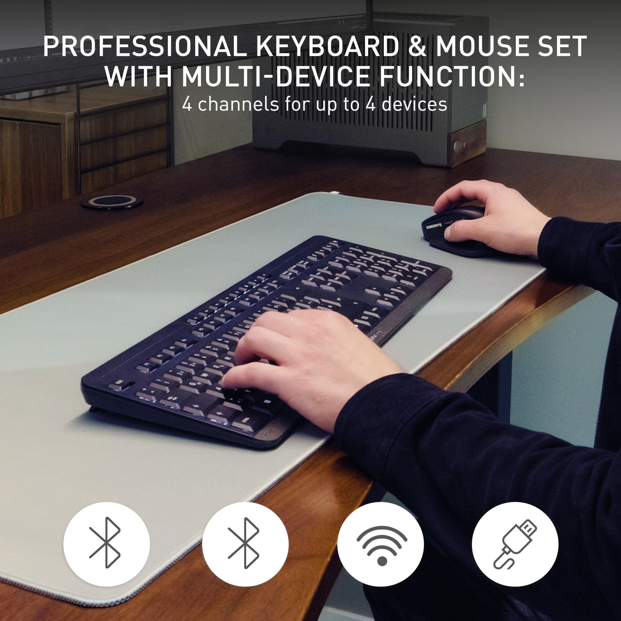 CHERRY STREAM DESKTOP ULTIMATE, Bezprzewodowy Zestaw Klawiatura-Mysz Do Wielu Urządzeń, Układ US (QWERTY), Z Ergonomiczną Myszą, Akumulatorowy, Czarny