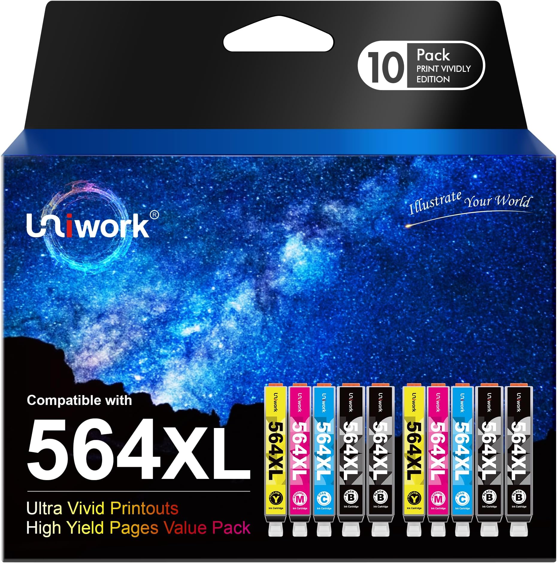 Uniwork 564XL Ink Cartridges Replacement for HP 564 564XL Ink Cartridge | work for HP Photosmart 6520 5520 4620 5510 C410a 6525 5514 OfficeJet 7510 4620 DeskJet 3522 Printer (4BK/2C/2M/2Y) 10 Pack
