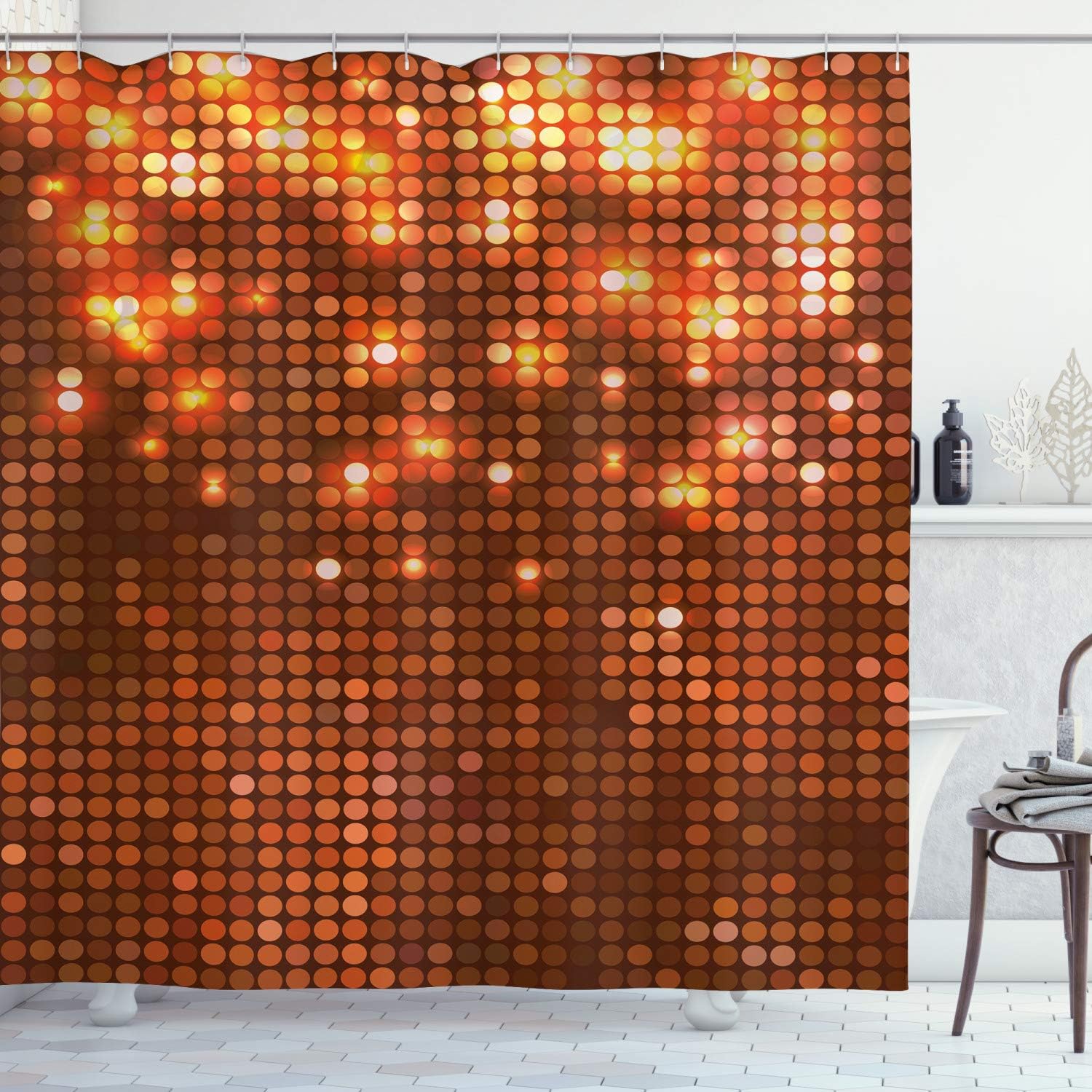 Ambesonne Abstract Shower Curtain, Symmetric Dots Pattern Vivid Color Details Spotty Mosaic Design, Cloth Fabric Bathroom Decor Set with Hooks, 69" W x 75" L, Dark Orange