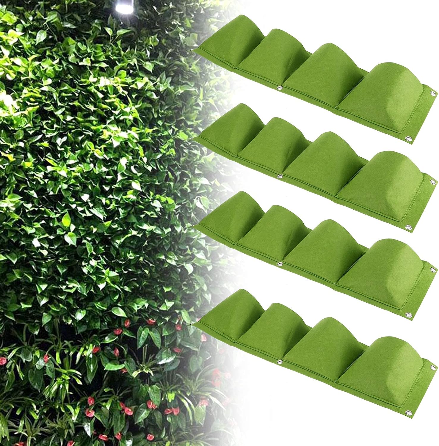 4Pcs Vertical Hanging Outdoor Wall Planter 4 Pocket Plant Grow Bag Wall Mounted Reusable Degradable Felt Garden Planter, Succulents Artificial Pl or Flowers. (Green)