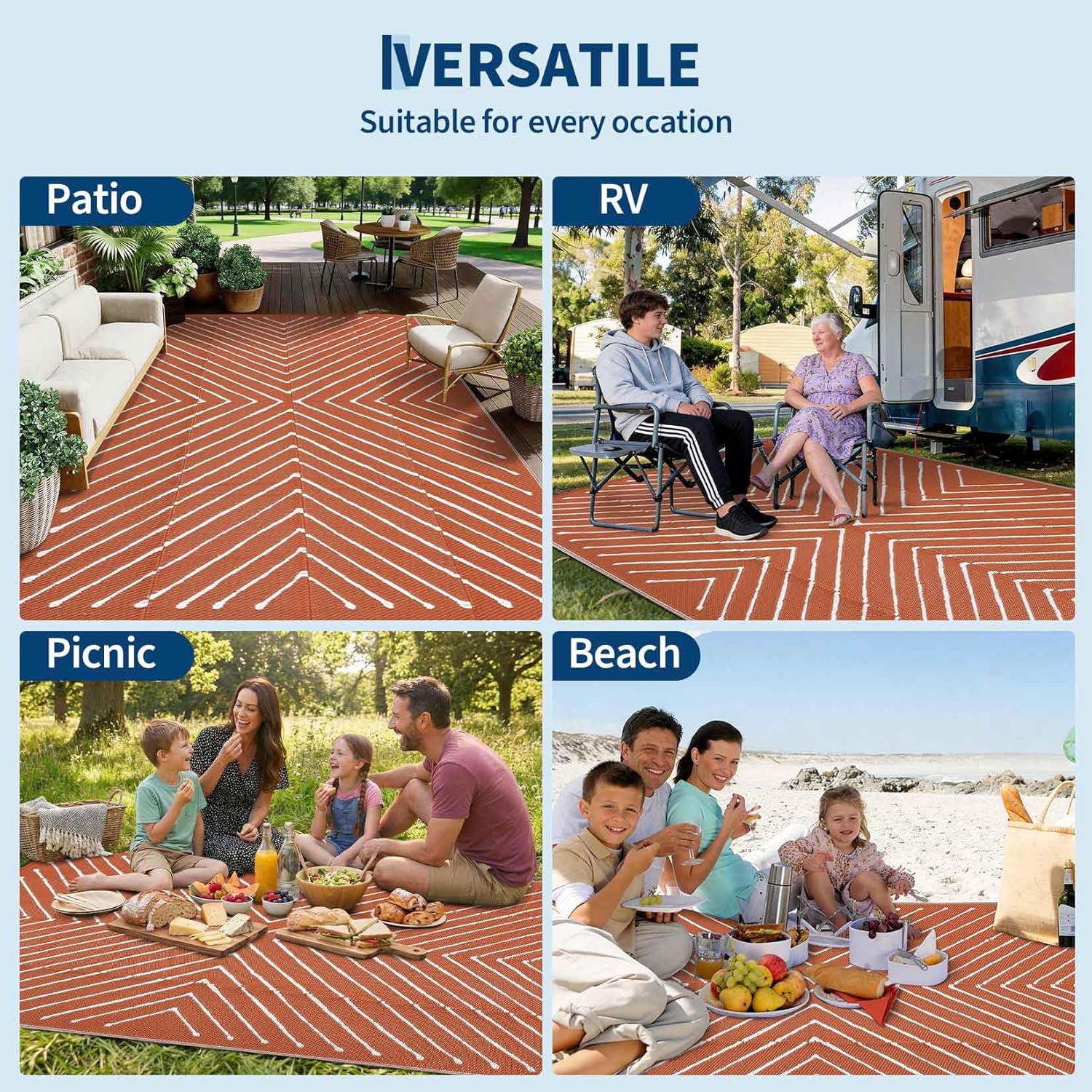 Garvee 5x8 Striped Outdoor Waterproof Rug - Reversible Modern Striped Plastic Straw Patio Mat, Portable RV Camping Rug for Picnic, Beach, Balcony, Deck - UV Protected & Easy to Clean, Orange&White.
