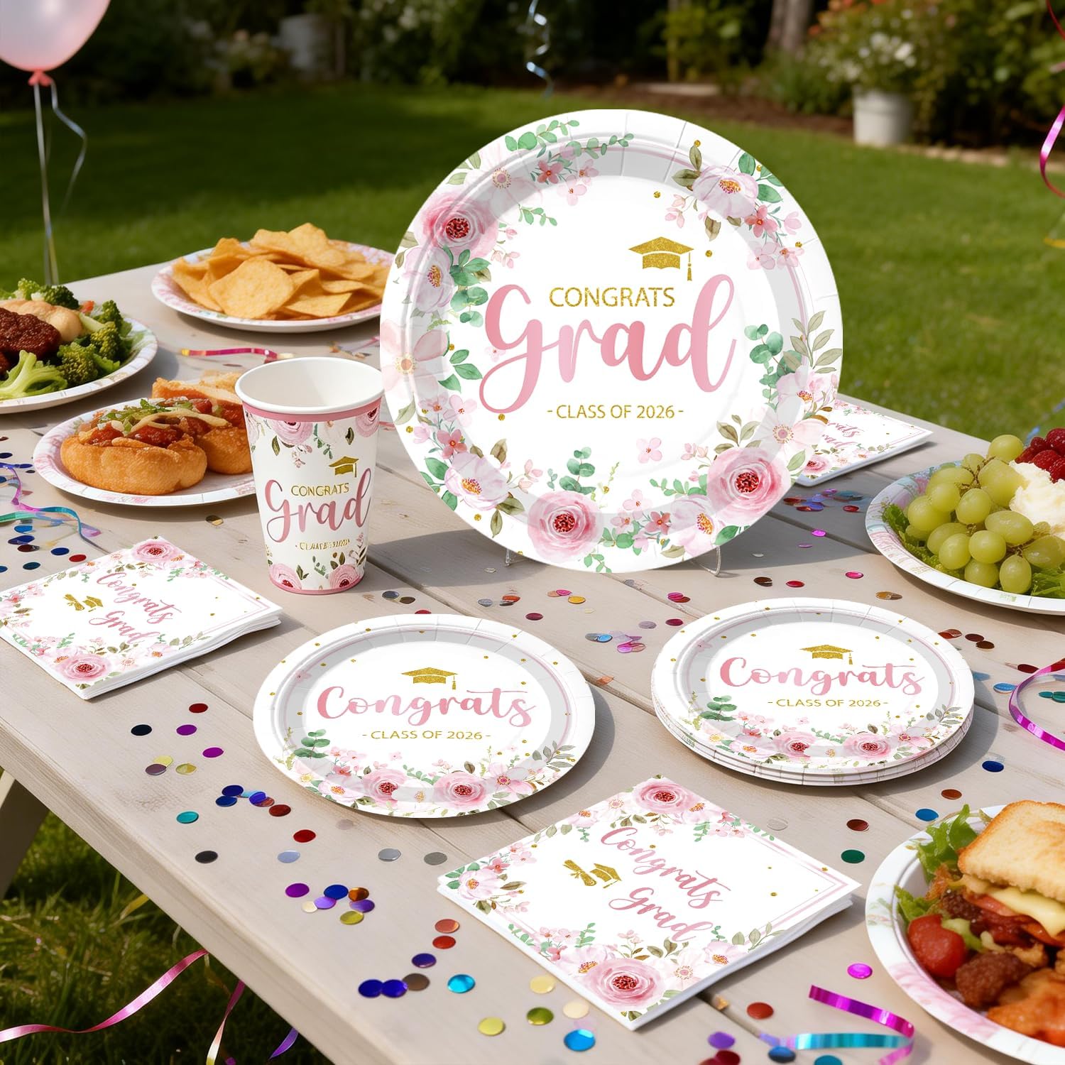 Xynic 186 Pcs Pink Graduation Decorations for Female Graduates, Disposable Paper Floral Graduation Decorations Include Congrats Grad Plates and Napkins Tablecloths Banner for Class of 2026