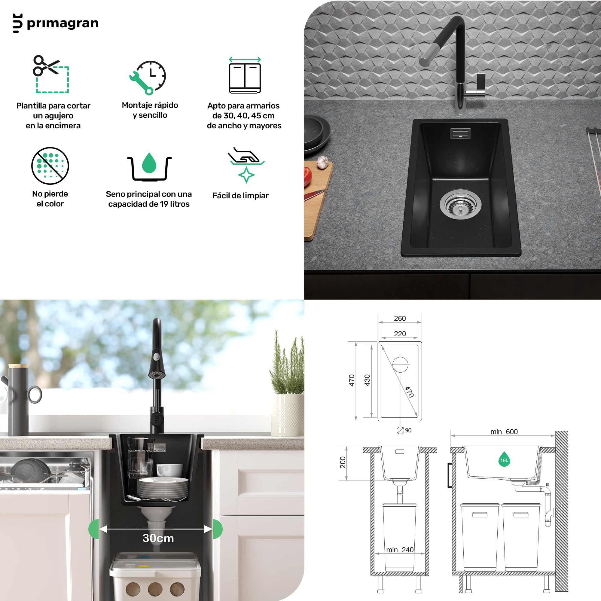 PRIMAGRAN Fregadero Cocina Todo Negro - London Slim, 26x47cm | Granito 1 Seno + Sifón, sobre Encimera al Mueble 30cm (S006)
