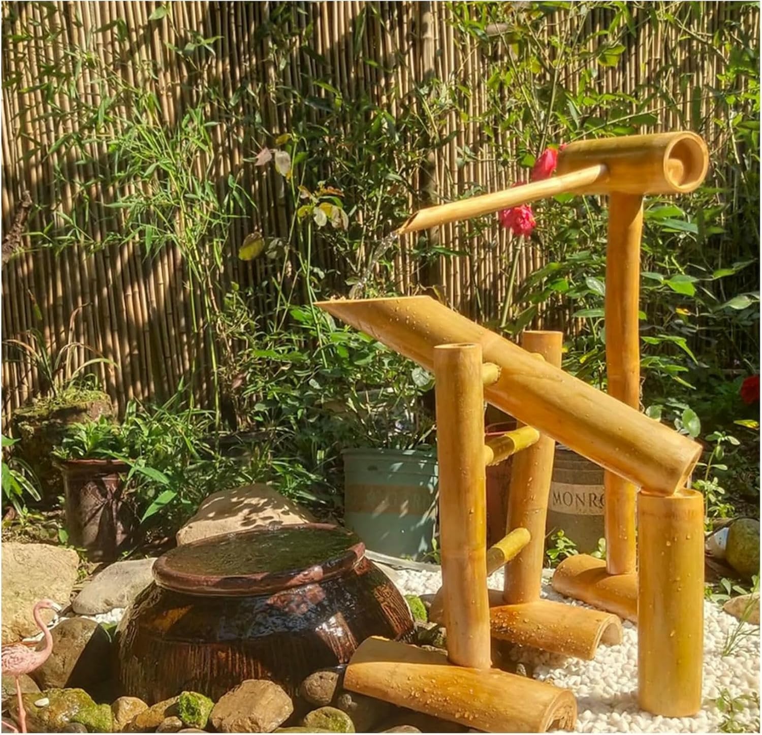 Bamboo Zen Water Fountain Kit, Garden Water Feature Landscape Waterfall Decoration with Rocking Pump, 100% Handmade, Detached Outdoor Waterscape Decor