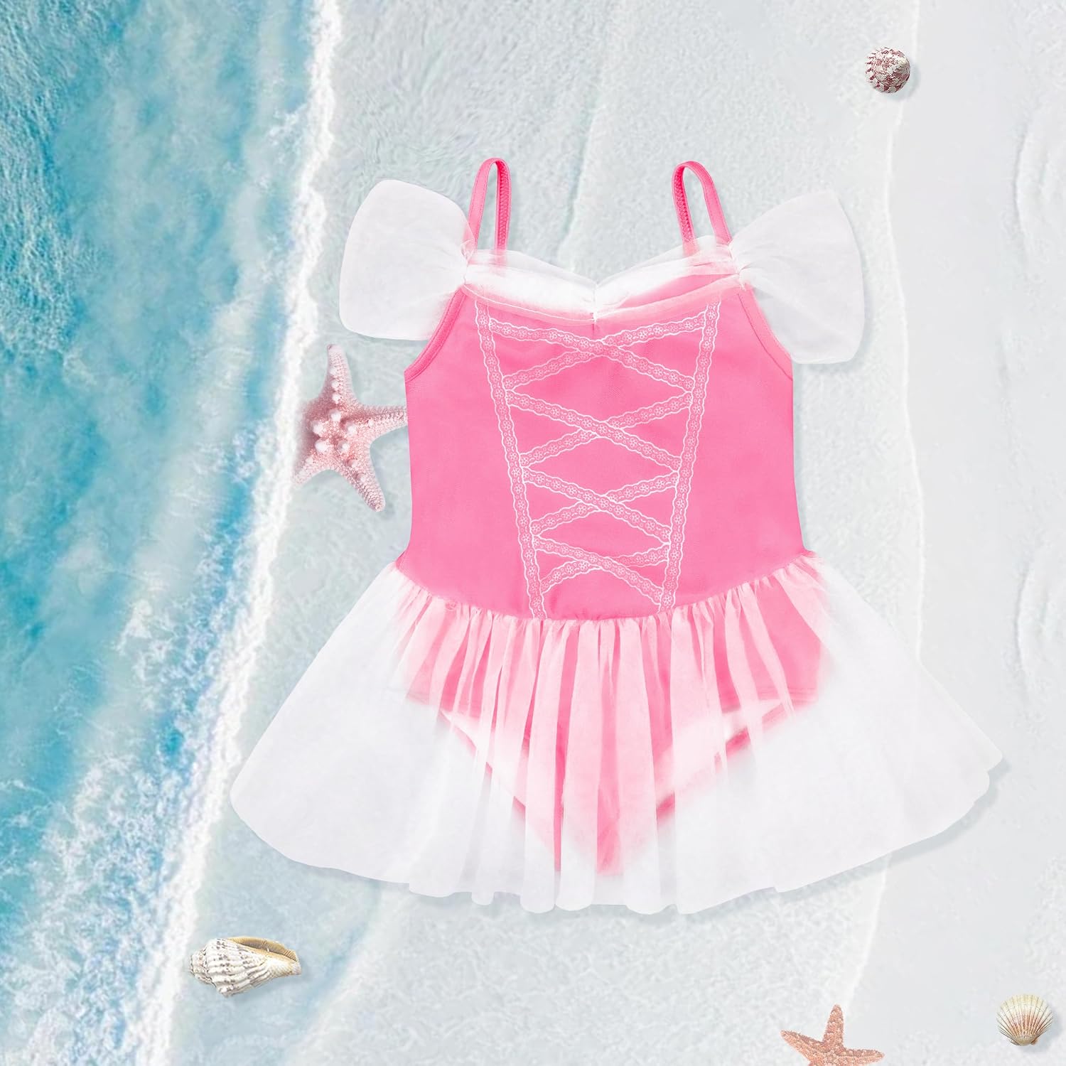 3-7Y Girls Princess Swimsuit, Toddlers Bathing Suit 1 Piece Swimwear Off-Shoulder Swimming Suit with Skirt for Kids