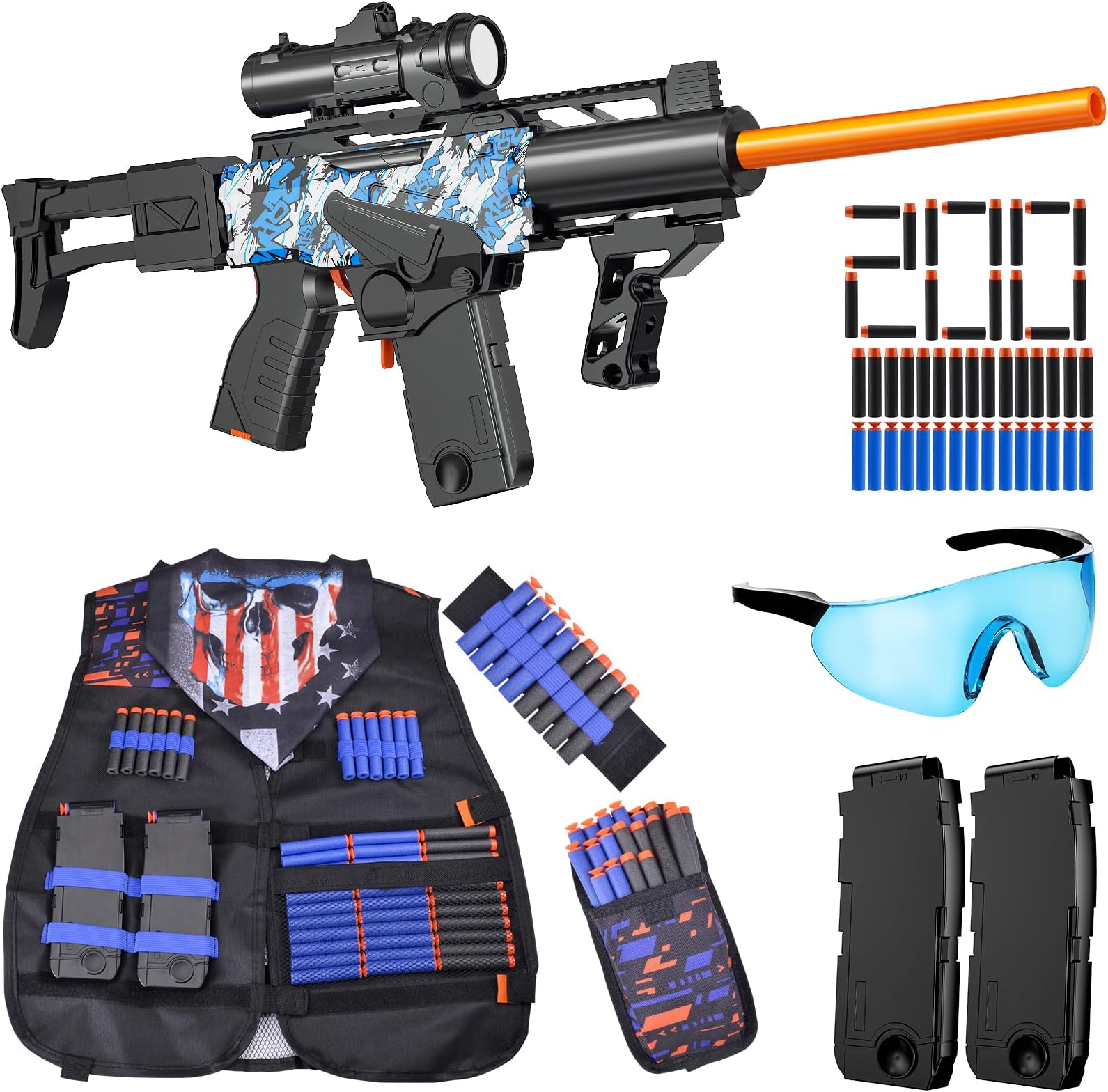 Toy Gun Automatic Sniper Rifle with Scope, Tactical Vest Kit, Toy Foam Blasters with 200 Soft Bullets, 2 Magazinine and Grip, Electric Gun for Boys Age 8-12, Gifts for Birthday Christmas