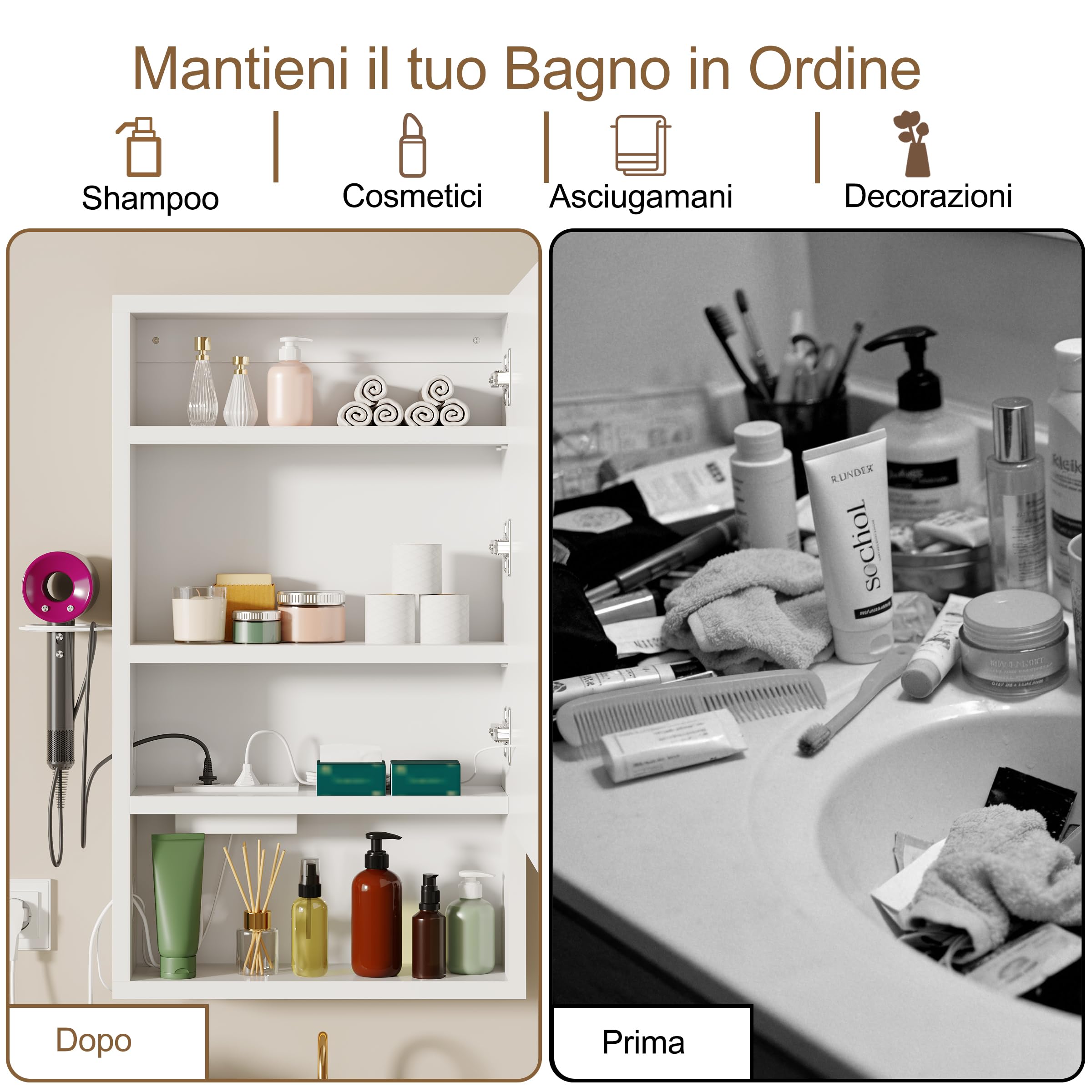 Specchio Bagno Contenitore con illuminazione e Antiappannamento Armadietto Bagno a Parete con indicazione di orologio e temperatura, Presa e 4 scomparti portaoggetti per il Bagno 47 * 80 * 16 cm