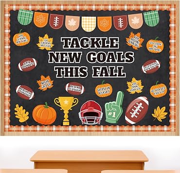 Fall Football Bulletin Board Decorations Set, Tackle New Goals This Fall Thanksgiving Bulletin Board Set with Football Pumpkin Cutouts for Autumn Thanksgiving Sport Theme Wall Chalkboard Classroom