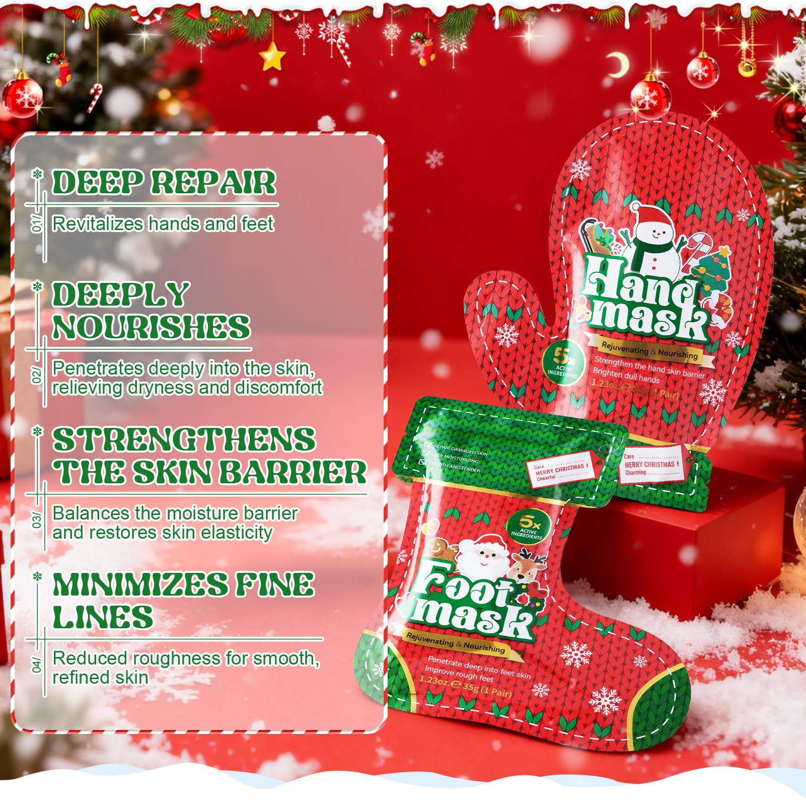 Noël Masque Pieds, 3 Paires Masque Pieds Peeling Exfoliant, 3 Paires Soins des Mains et des Pieds, masque Pieds Très Secs et Abîmés pour Rendre la Peau Plus Lisse