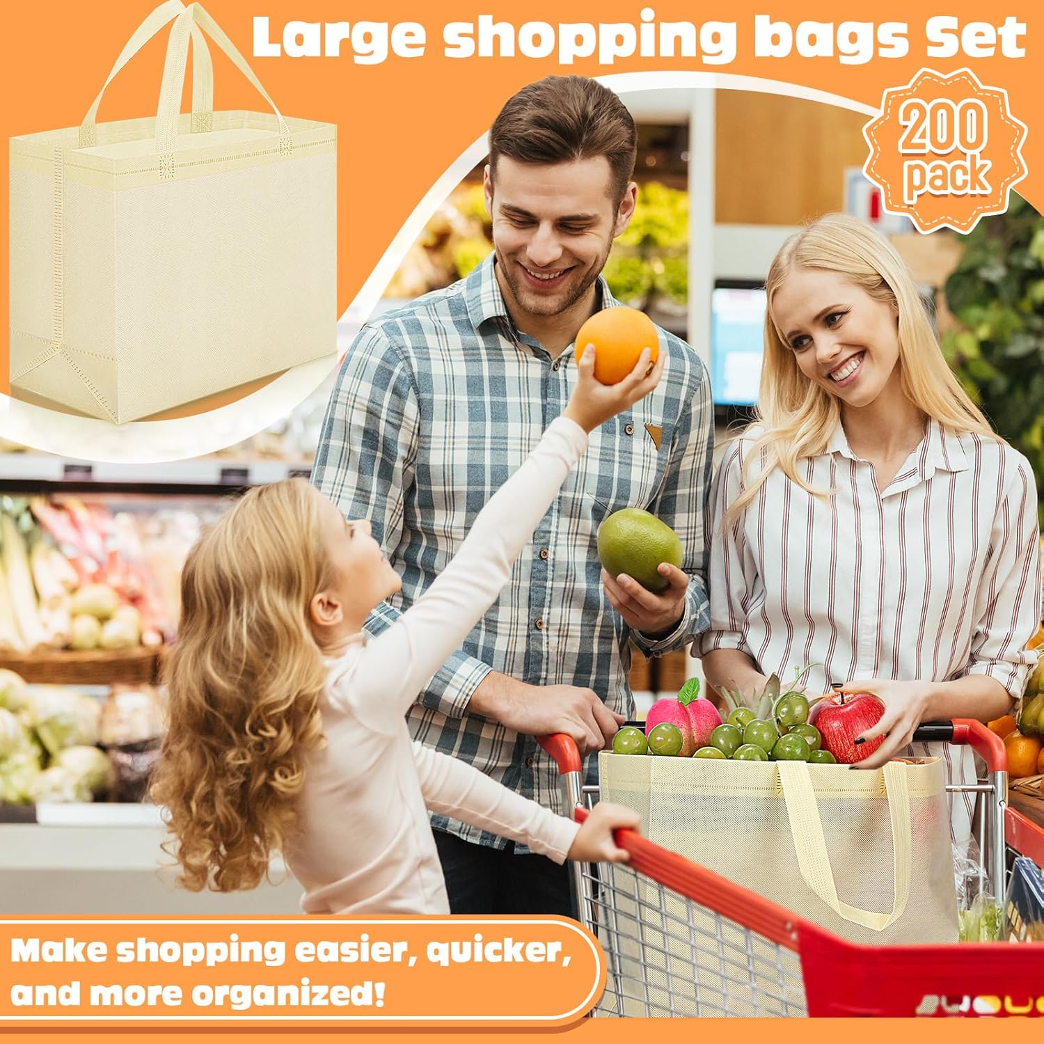 Windyun Reusable Grocery Bags Large Non Woven Shopping Bags with Handles Foldable Portable Tote Bulk, 12.6 x 11.8 x 6.3 Inch - Image 2