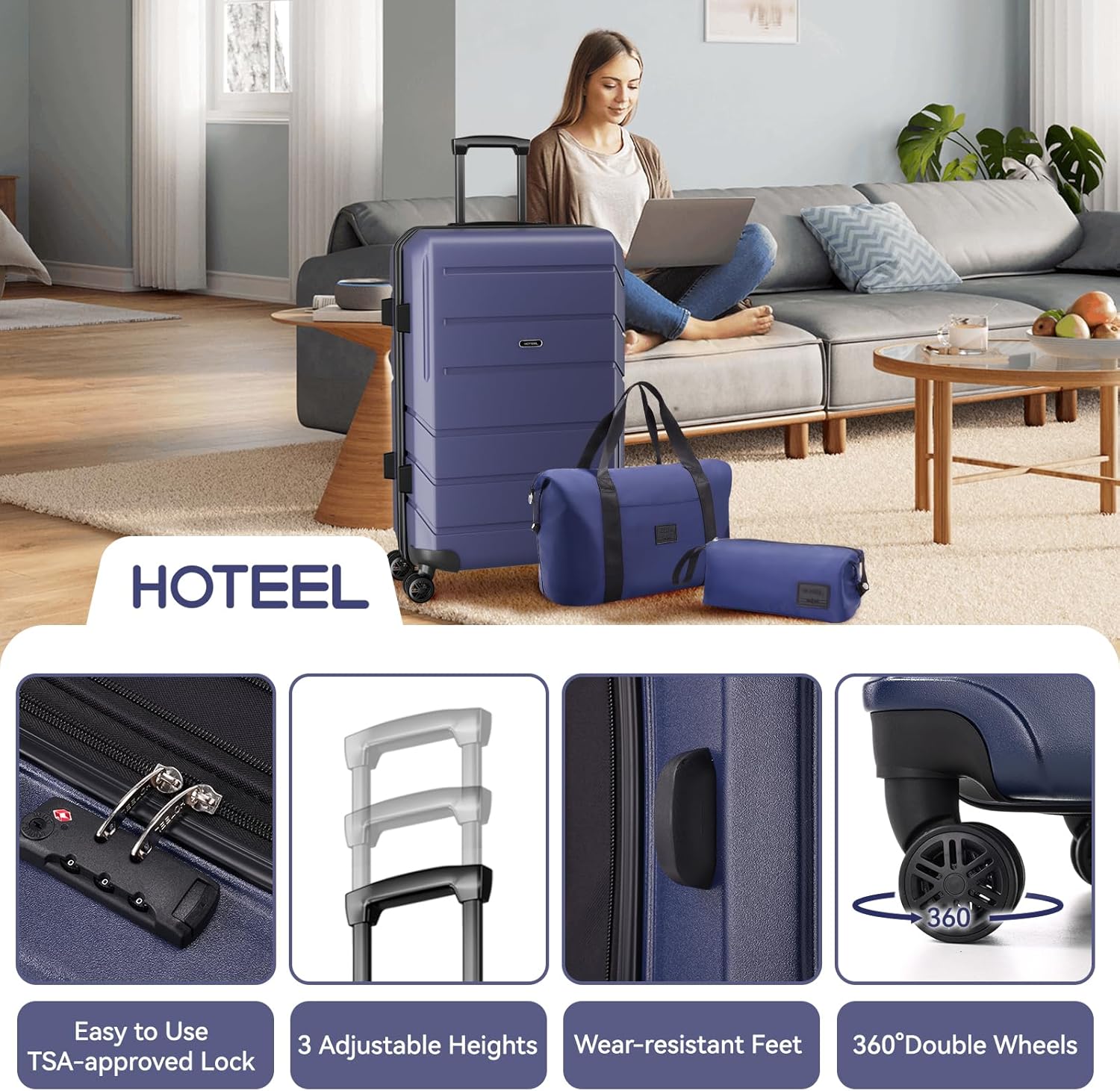 Hoteel Luggage Sets 3 Piece Expandable (4-YEARS WARRANTY) ABS+PC Hardshell Carry On Luggage Airline, Carry on Suitcase with Spinner Wheels & TSA Lock for Travel, Business, Dark Blue(20in/DB/TB)