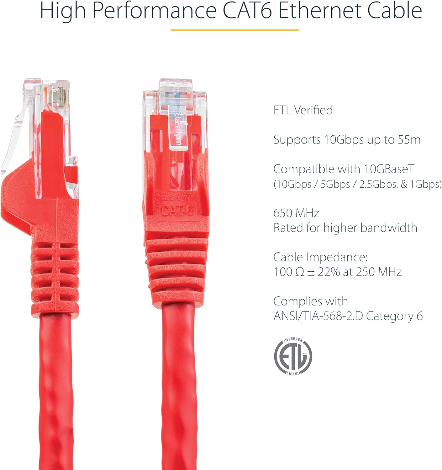 StarTech.com 15m CAT6 Ethernet Cable - Red CAT 6 Gigabit Ethernet Wire -650MHz 100W PoE++ RJ45 UTP Category 6 Network/Patch Cord Snagless w/Strain Relief Fluke Tested UL/TIA Certified (N6PATC15MRD)