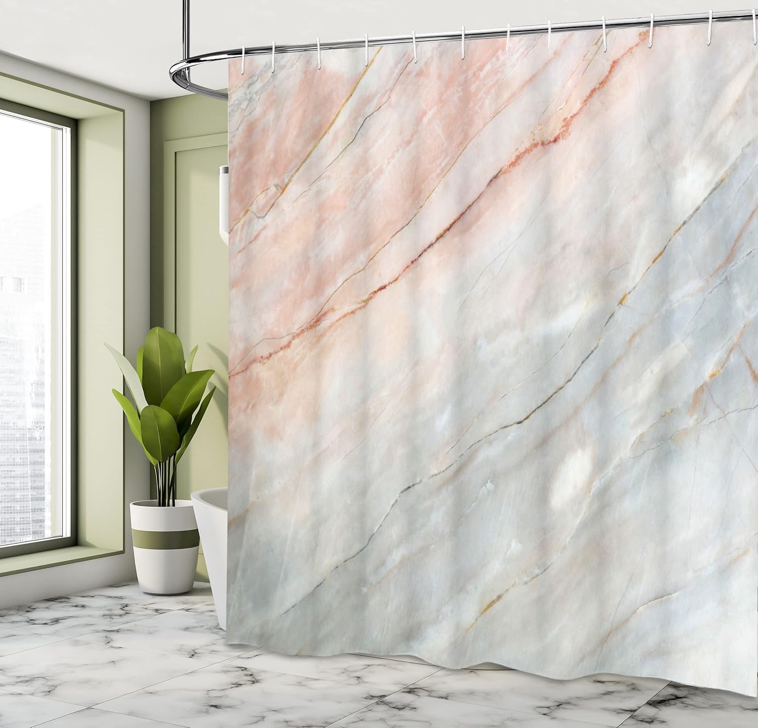 Ambesonne Marble Print Shower Curtain, Onyx Stone Textured Natural Style Featured Scratches Illustration, Cloth Fabric Bathroom Decor Set with Hooks, 69" W x 75" L, Peach Grey