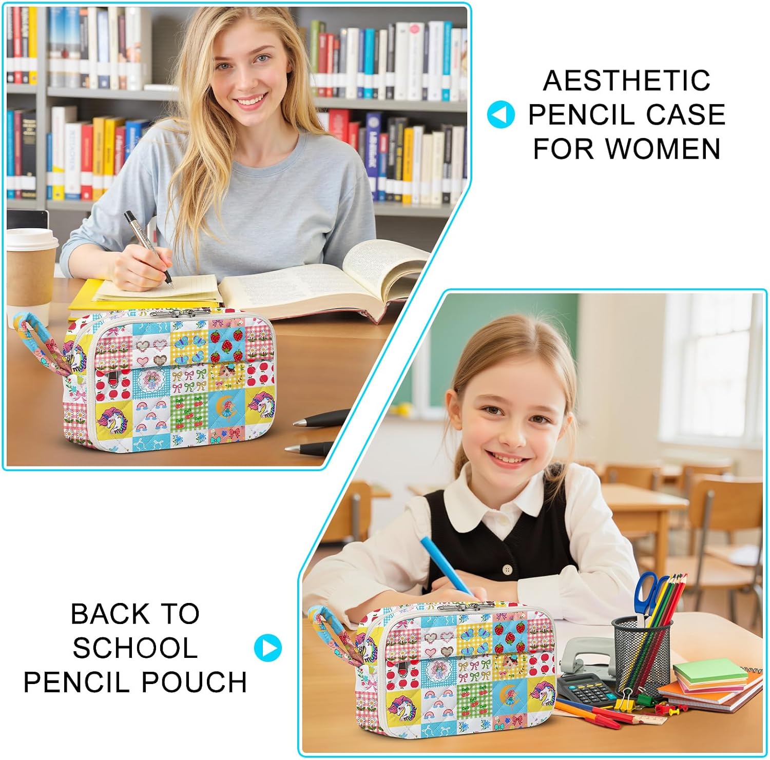 Quilted Pencil Pouch for Girls Women, Large Pencil Case Pouch with Compartments Cute Aesthetic Pencil Case Organizer, Floral Pencil Bag for School Supplies (cartoon) - Image 6