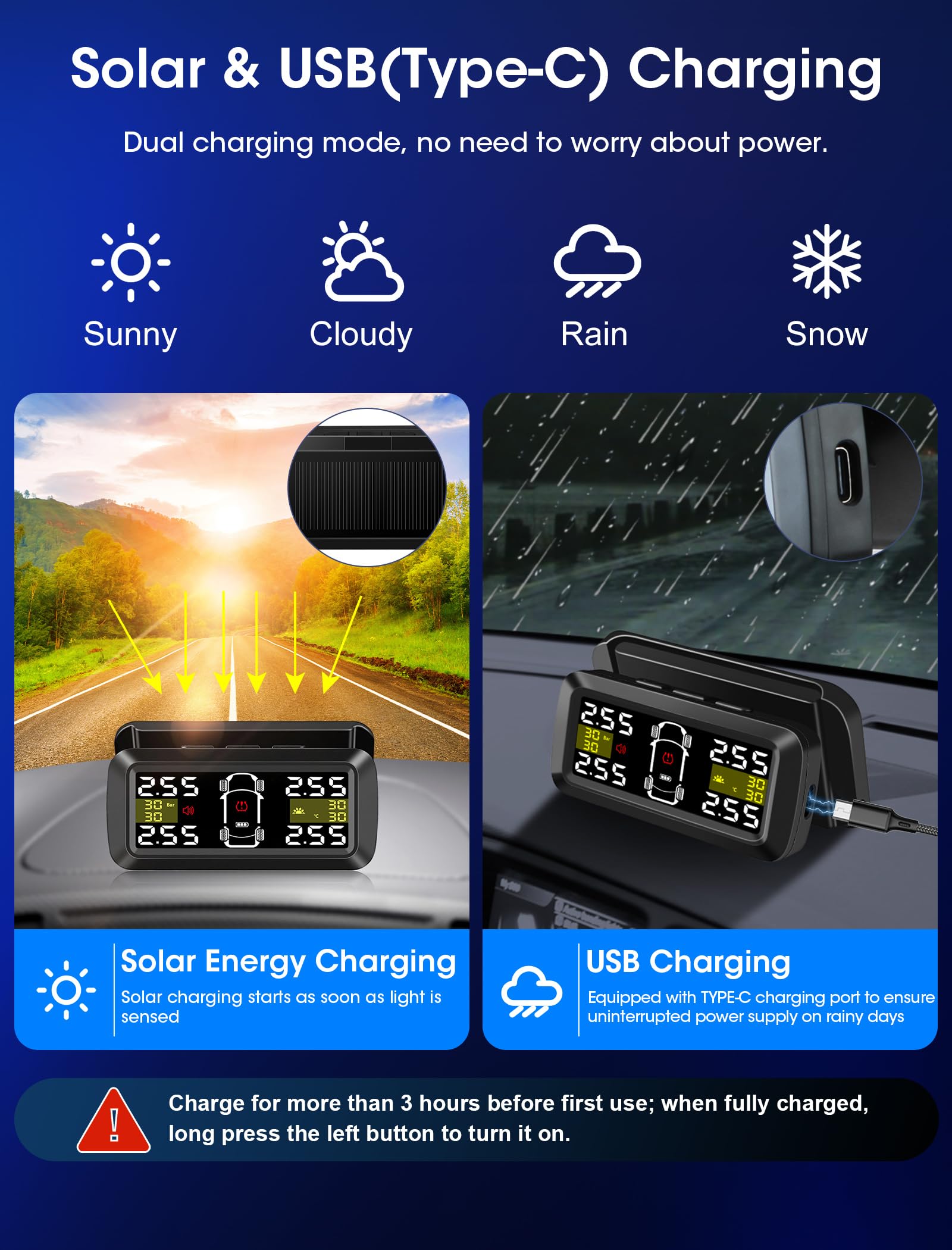 Vtopek TPMS Reifendruckkontrollsystem 3,5-Zoll Solar Reifendruckkontrollsystem mit 4/2-Rad-Modi 0,01 Bar Hochpräzise Abnehmbare Wireless TPMS Echtzeiterkennung Reifendrucksensoren Auto für Van SUV