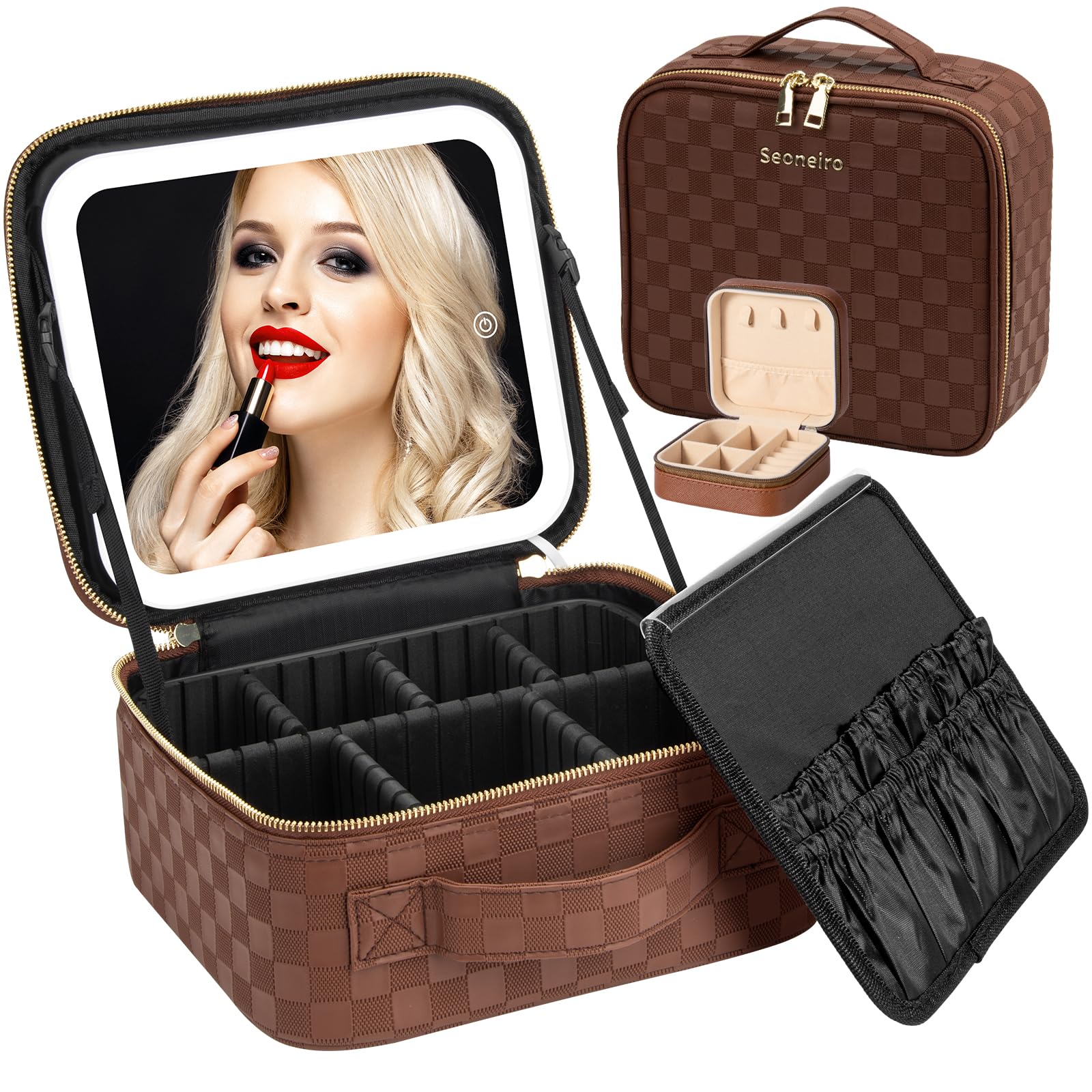 Seoneiro Borsa da viaggio per il trucco con specchio illuminato a LED, luminosità regolabile, portatile, impermeabile, con divisori regolabili, organizer per pennelli da trucco e custodia per