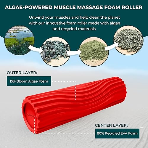 Miniatura 51 de Oceanfoam Tidal Roller - Rojo, Azul Marino Oscuro y Natural Marmóreo - Rodillo de espuma para masaje muscular para dolor de espalda y estiramiento -