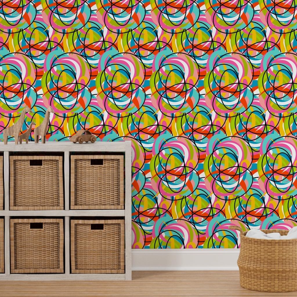 Spoonflower Peel & Stick Wallpaper 3ft x 2ft - Mod Modern Graffiti Swirl Summer Groovy Happy Custom Removable Wallpaper
