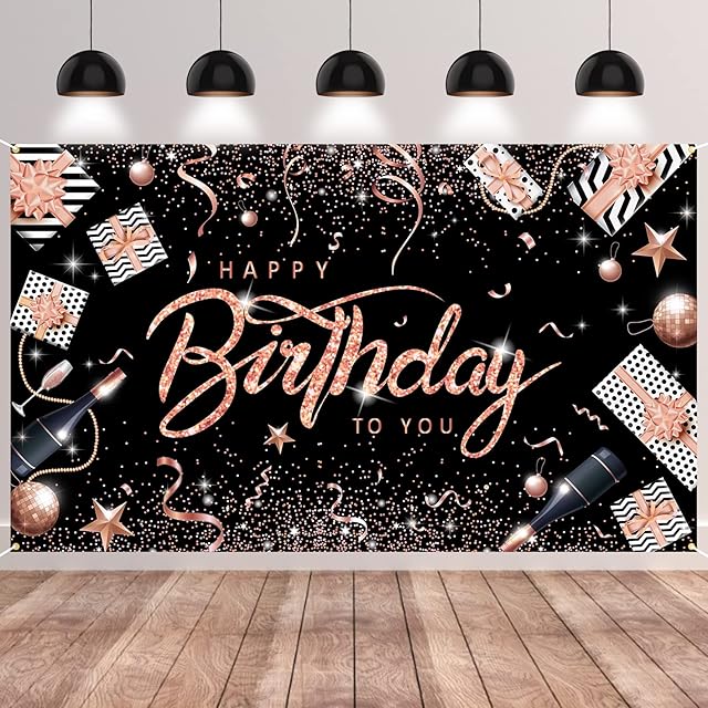 GRESATEK Black Rose Birthday Backdrop, Happy Birthday Banner Rose Gold Party Decorations Set for Anniversary, Extra Large Birthday Sign Poster Photo Booth Background for Women Girls