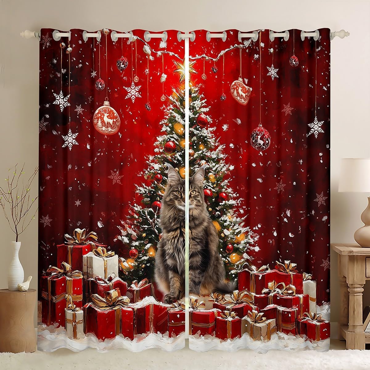 Feelyou Merry Christmas Cats Curtains for Bedroom Living Room (2 Panels, 52 x 96 Inch) Cute Animals Darkening Blackout Curtain Decor Pets Cat Blackout Curtains Xams Tree Snowflake Window Treatments