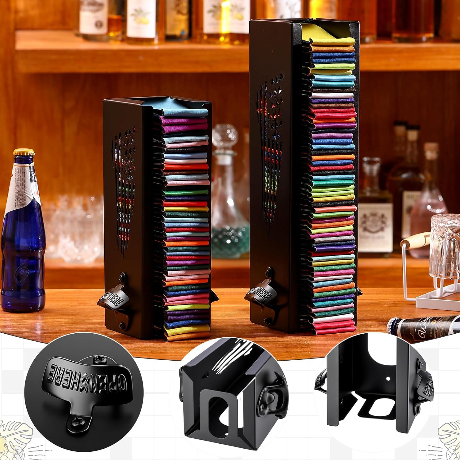 2 Pcs Can Cooler Holder with Bottle Opener 12"+16", 2 in 1 Wall Mounted Personalized Metal Beer Sleeves Storage Organizer and Dispenser Home Family Gifts for Men Dad (National Flag)