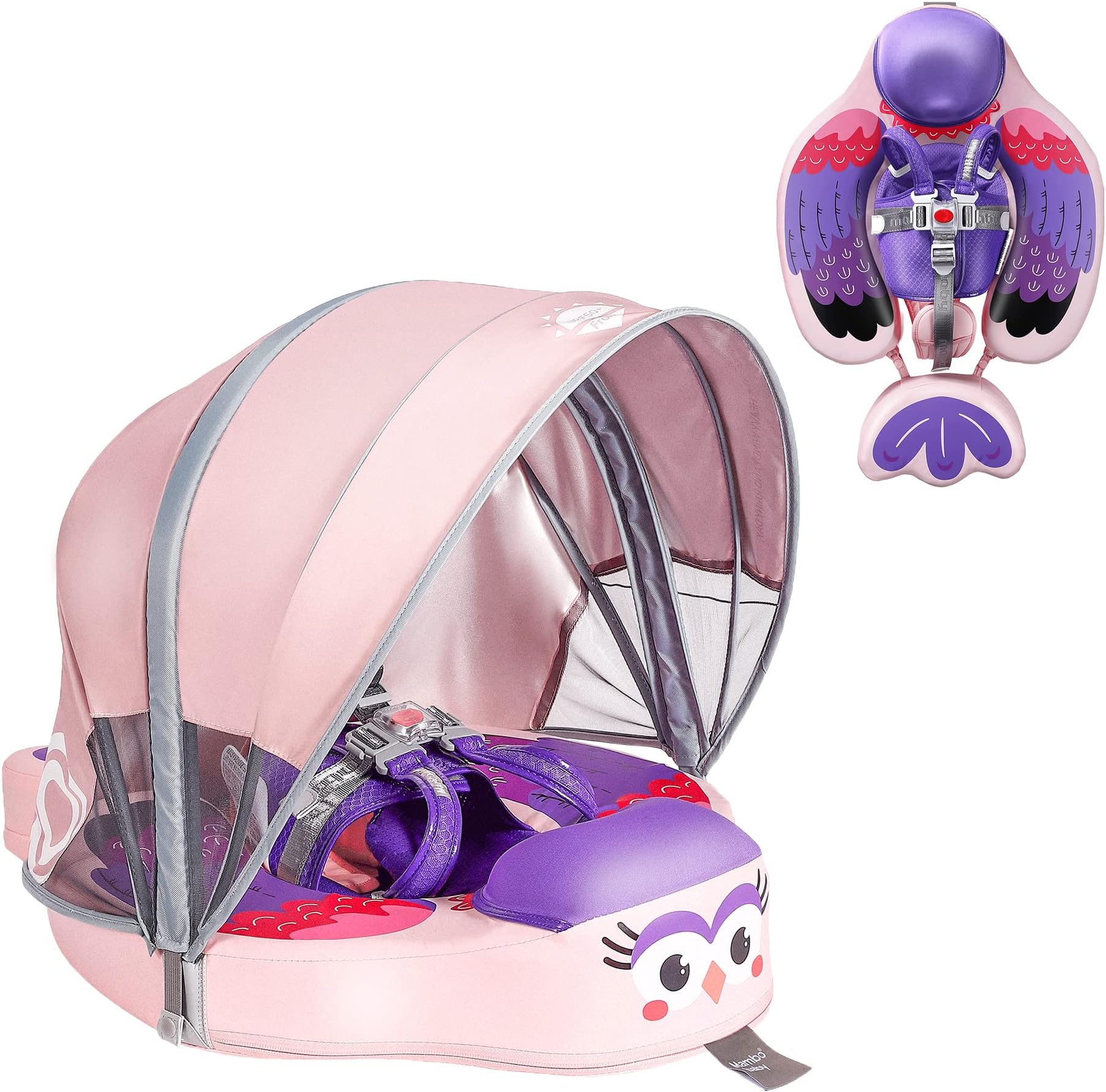 Upgraded Baby Pool Float Mambobaby Float with Canopy, Non-Inflatable Baby Floats for 3-24 Months, No Flip Over Swim Trainer for Infants (Bird-Purple)