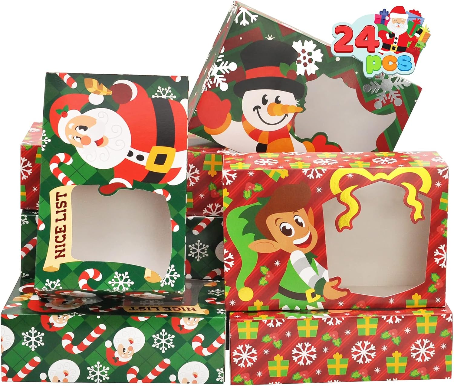 JOYIN 24 PCS Christmas Foil Bakery Cookie Gift Box (8.75" x 5.75" x 2.75") in 3 Designs, Colorful Patterns with Window for Pastries, Cupcakes, Cookies, Brownies, Donuts, and Gift-Giving
