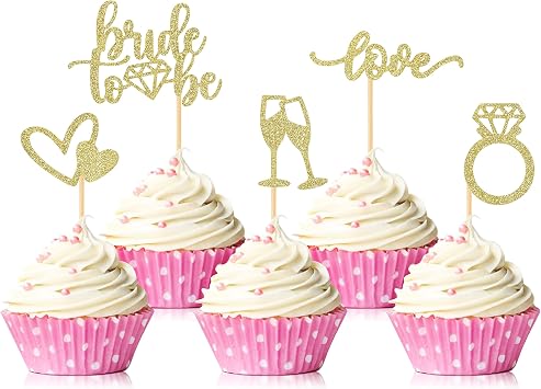 35 PCS Glitter Diamond Ring Bride to be Love Cupcake Topper Champagne Cake Picks Decorations for Bridal Shower Wedding Engagement Party Supplies, Gold