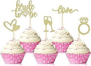 35 PCS Glitter Diamond Ring Bride to be Love Cupcake Topper Champagne Cake Picks Decorations for Bridal Shower Wedding Engagement Party Supplies, Gold