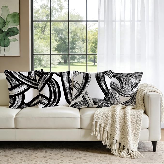 Set 4 Almohadas Decorativas Cuadradas 18x18 Fundas Rayas Neg miniatura 2