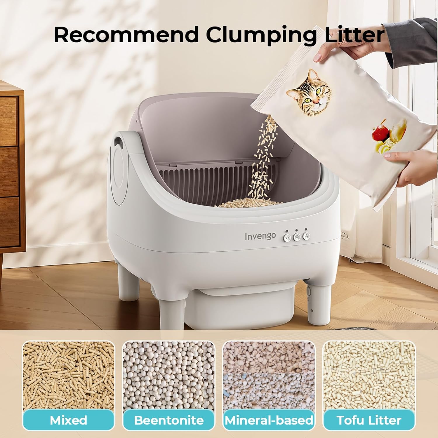 Invengo Automatic Cat Litter Box Self Cleaning, App Control, Open-Top Automatic Litter Box with Safety Sensors, Ultra-Quiet, 10.5L Waste Bin with Odor Control, 2 Rolls of Garbage Bags, Champagne