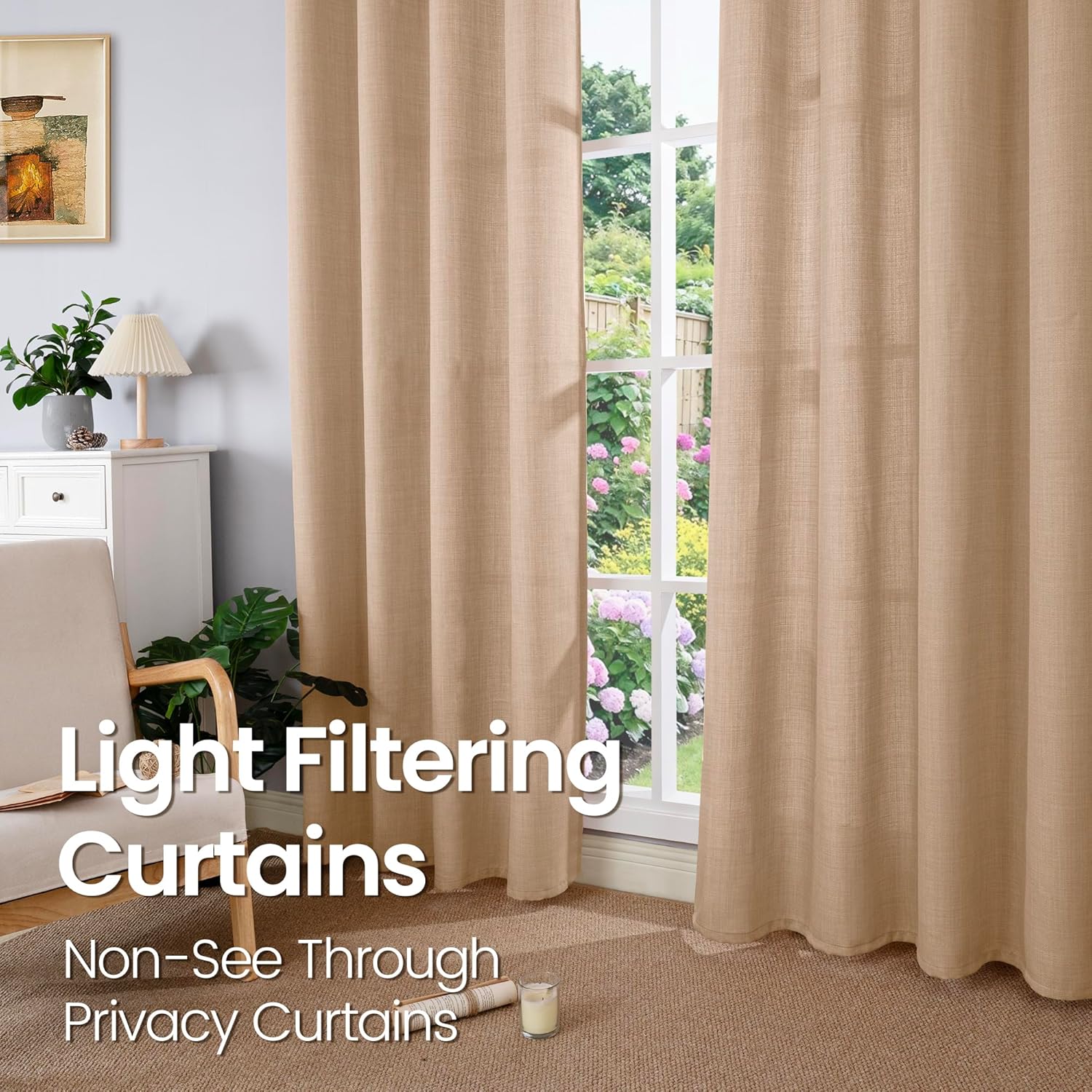 BGment Faux Linen Curtains 90 Inches Long Set of 2 Panels, Living Room Long Curtains Burlap Textured Thick Light Filtering Privacy Grommet Window Treatments, 52 x 90 Inch, Tan