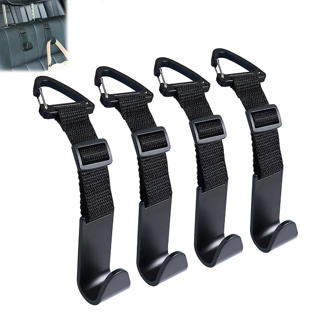 Amooca Headrest Hooks for Car Adjustable 4 Pack Vehicle Seat Back Organizer Storage Hanger Holder for Purse Bags