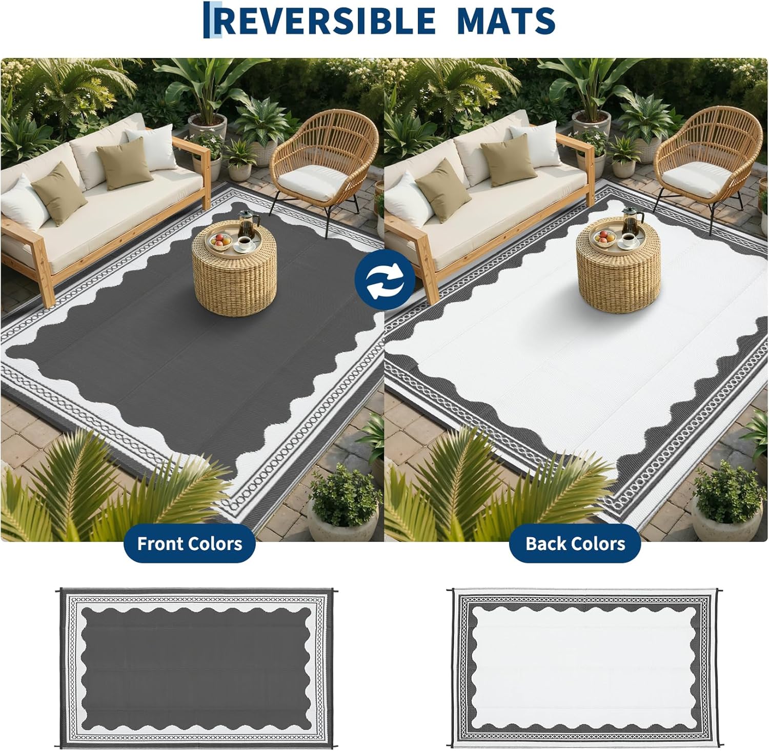 Garvee Outdoor Rug 8x10 Scalloped Waterproof Patio RV Outdoor Rugs Reversible Foldable Plastic Straw Rug Modern Camping Carpet for Deck Camper Porch Balcony Backyard Picnic Beach Grey