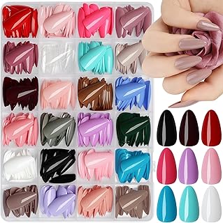 576Pcs Medium Almond Press on Nails Kit, 24 Colors Glossy Fake Nails with Glue and Adhesive Stickers, 12 Sizes Almond Acrylic Full Cover False Nail Press ons