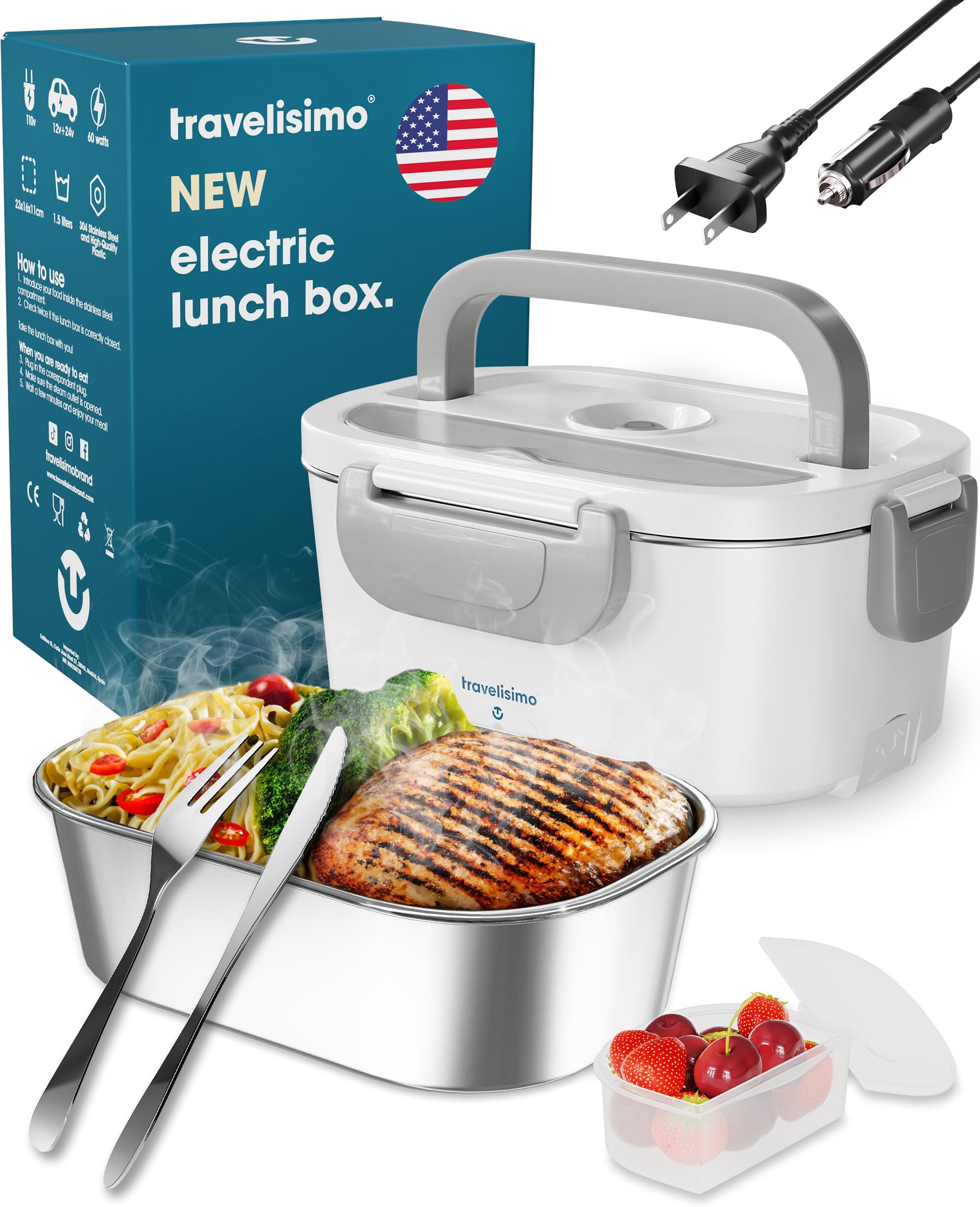 TRAVELISIMO 60W Electric Lunch Box, 3 in 1 Ultra Quick Portable Food Warmer, Leakproof Container, SS Heater for Car, Truck, Work, Luncheras Electricas