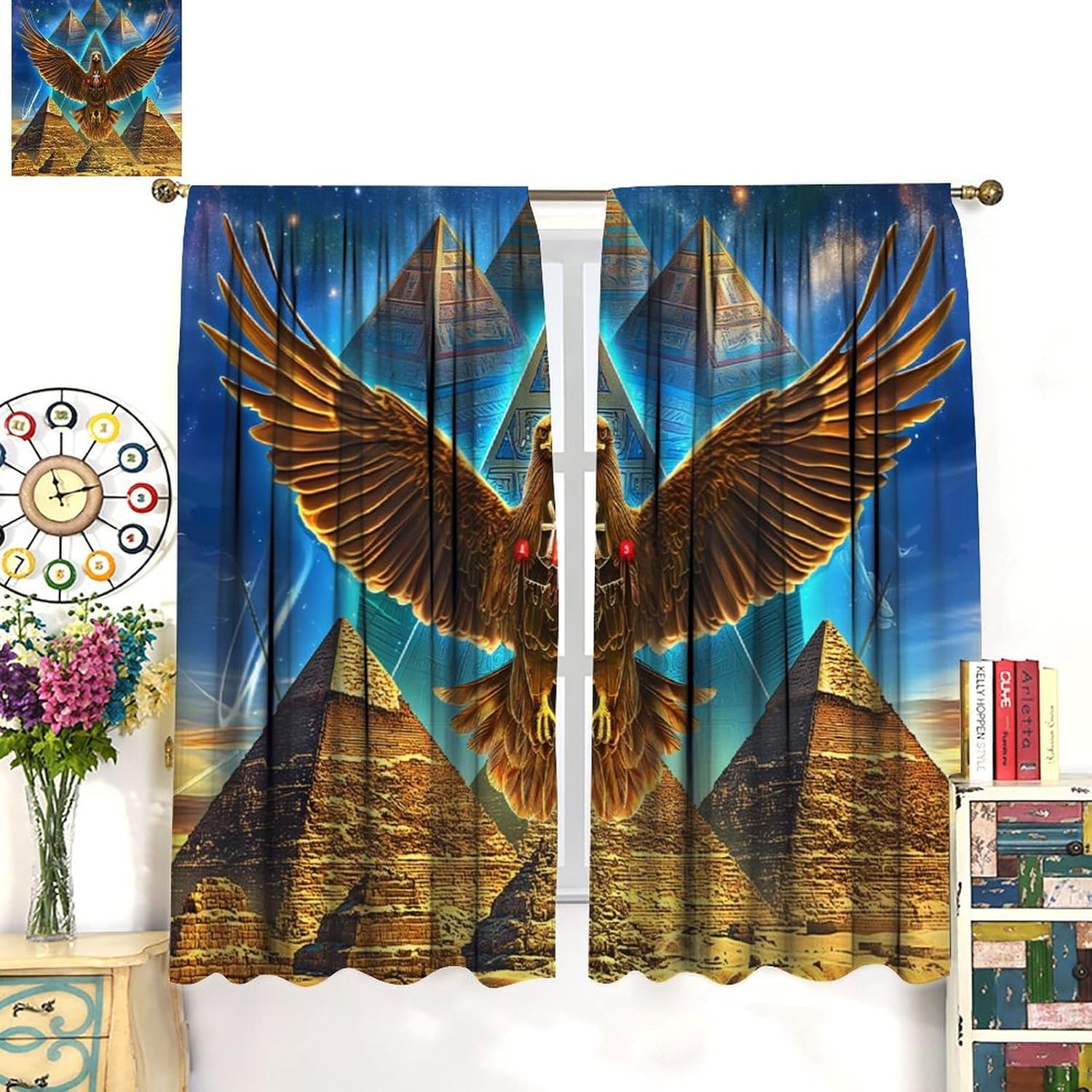 Mysterious Egyptian Curtains, Vintage Fantasy Starry Sky Sun and Moon Ancient Egyptian Pyramids Gemstone Nile River Blackout Window Treatments, Thermal Insulated Drapes For Living Room Bedroom 42x54in