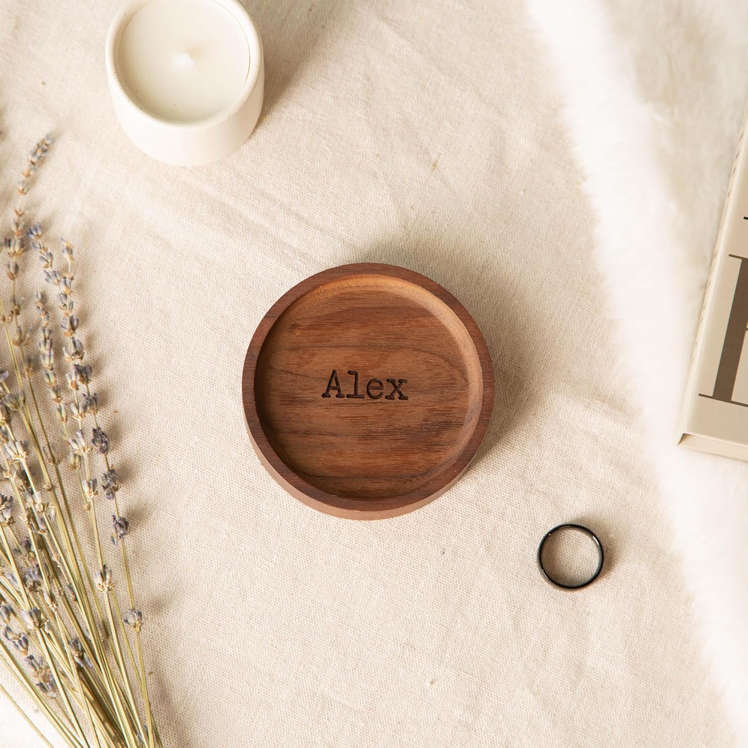 MUUJEE Personalized Walnut Wood Round Ring Trinket Dish Small Jewelry Organizer for Rings Earrings Necklaces Bracelet Christmas Birthday 5th Anniversary Wedding Gift for Women