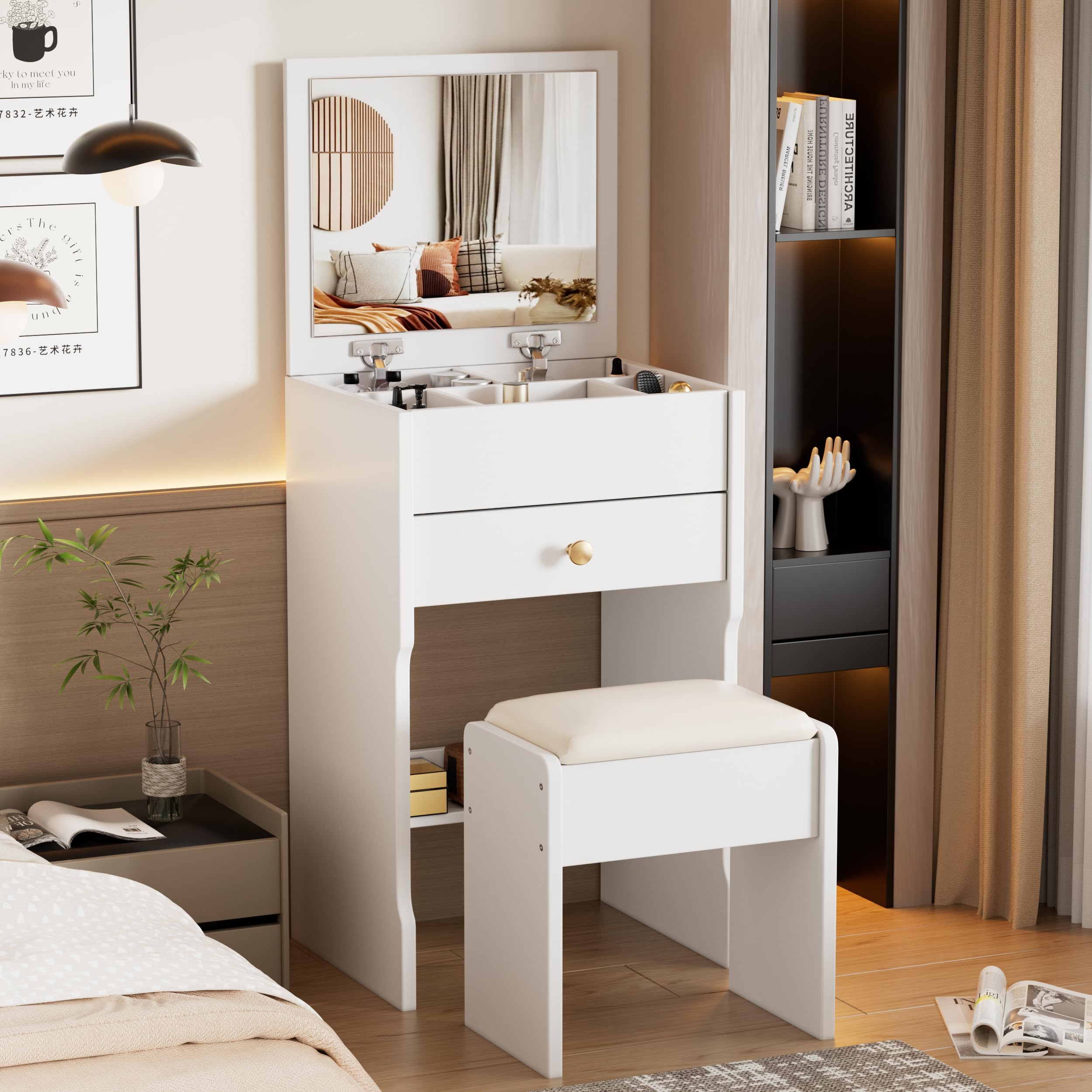 MSFE 3 in 1 Tavolo da Trucco con specchio, Piccola Vanity Toeletta da Trucco Moderna con Sgabello, Tavolo da Toeletta Piccolo con Sgabello, Cassetti e Scatola Portaoggetti, 37.5 * 40 * 109 cm