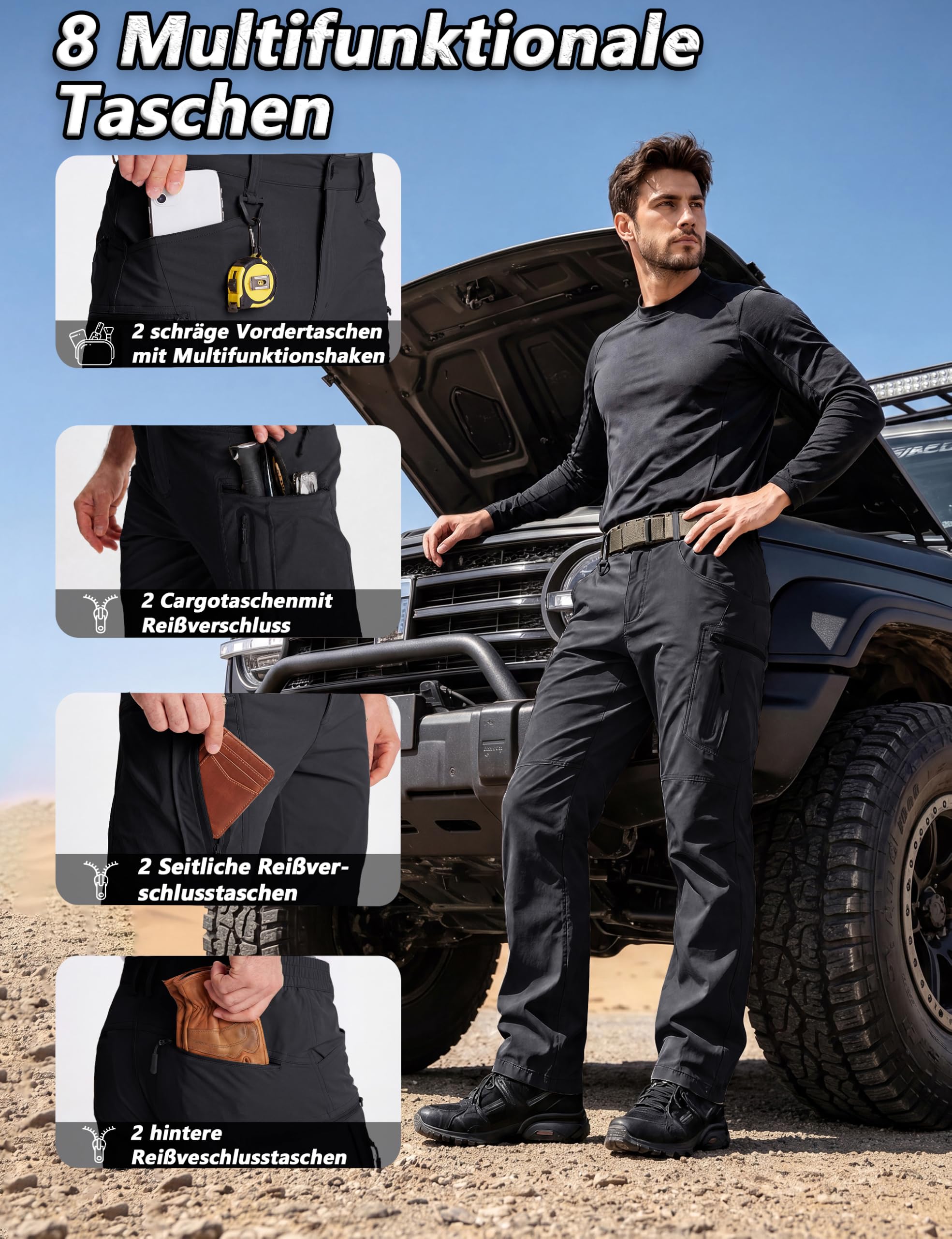 TACVASEN Wanderhose Herren Leichte Cargohose Outdoorhose Multi Taschen